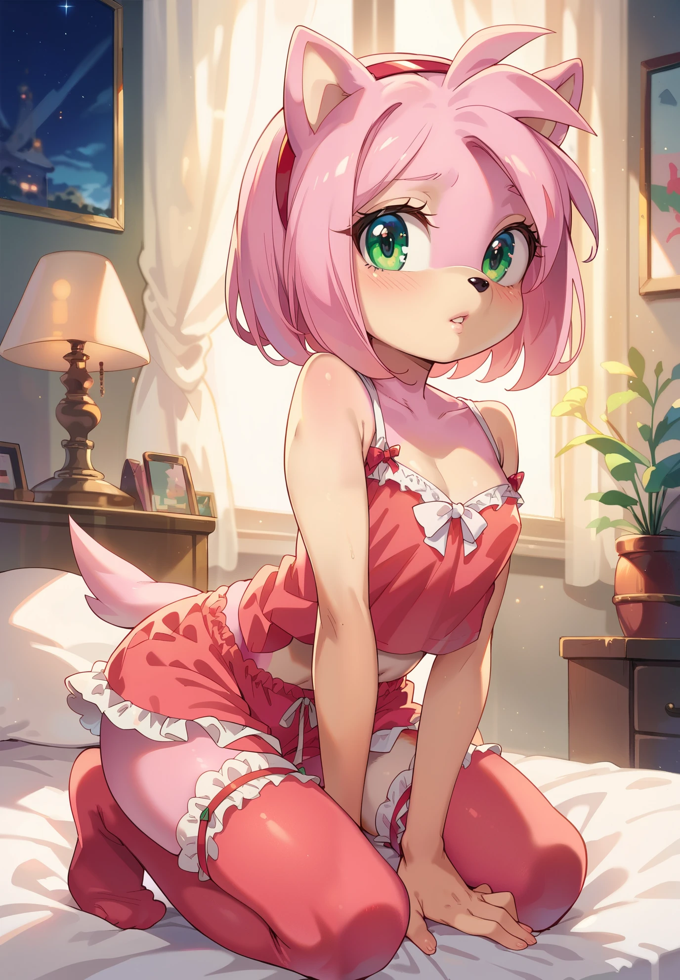 source_furry, BREAK, furry, anthro, 1girl, Amy Rose, Sonic, parted lips, shy, kneeling on bed, pajamas, cute lingerie, thigh highs with ribbons, downblouse, sexy pose, lustful, BREAK, night time, girly room, cinematic lighting,
