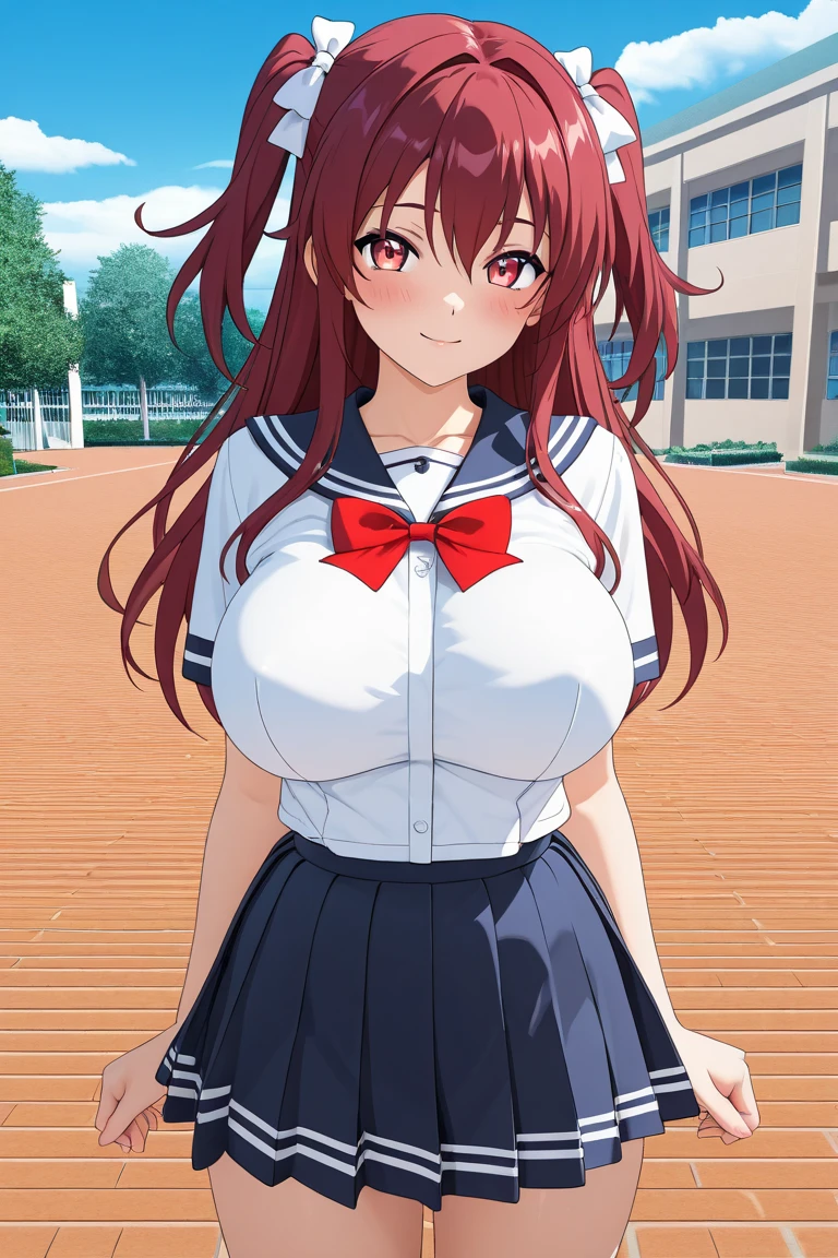 1girl, cowboy shot, outdoors, smile,
kousaka_tamaki, brown eyes, red hair, long hair, school uniform, serafuku, long sleeves, pleated skirt, white thighhighs, <lora:kousaka_tamaki_lora_ver2:0.7>, best quality, masterpiece, highres, <lora:GoodHands-vanilla:1>