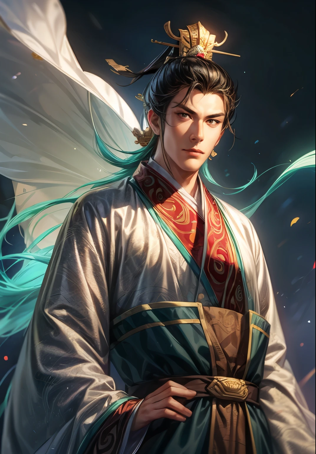 Han Dynasty Landscape、Three Kingdoms、Full Body、(Highest quality,4K,8k,High resolution,masterpiece:1.2)、Very detailed, High resolution,hyper HD、Studio Lighting、Ultra-fine painting、 Sharp focus、 Physically Based Rendering、 Very detailed explanation、 Professional、 Vibrant colors、Traditional Chinese Painting Techniques、 Atmospheric lighting、 Vivid color contrast、Very detailed目と顔、 Beautiful attention to detail、 Light on the face、young man wearing black Hanfu、(Hanfu: 1.2)、Eyes are green, perfect body, (((ung man)))、anatomically correct、Dynamic Pose、((emperor))、(Qin Shi Huang), Dragon pattern,The facial details are very rich,Emperor of the Qin Empire,wearing a crown,((emperor's clothes))