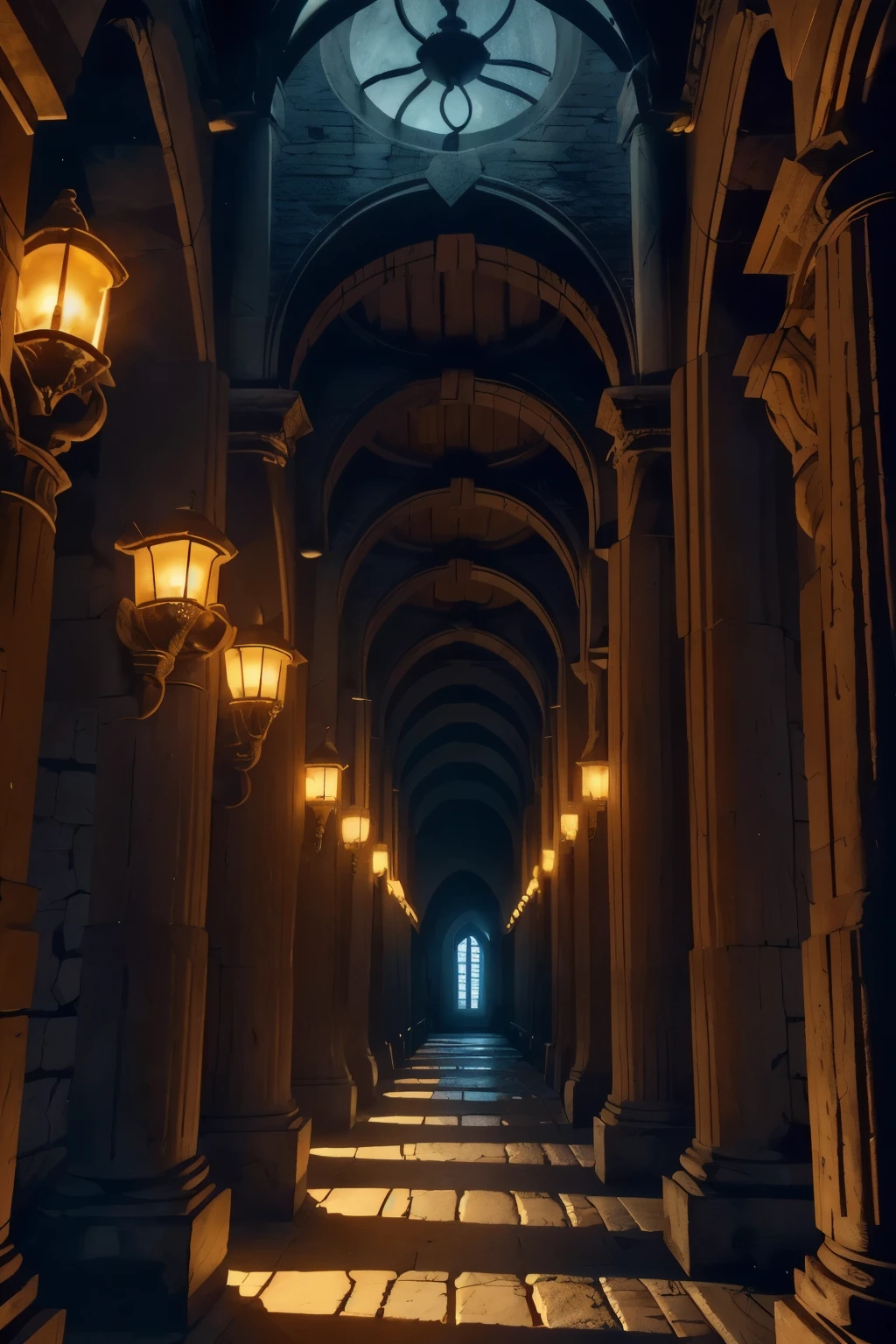 A torch-lit corridor stretches into the distance, the worn stone walls of the Minotaur's labyrinth illuminated by flickering flames. In the shadows, intricately carved Greek columns rise like sentinels, while above, a vaulted ceiling disappears into darkness. The air is heavy with the scent of old parchment and forgotten secrets.