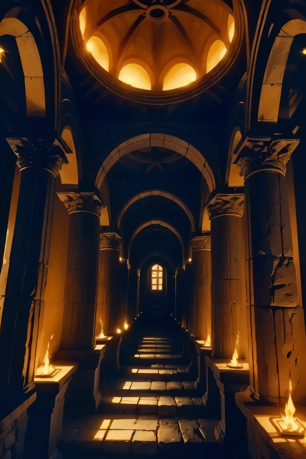 A torch-lit corridor stretches into the distance, the worn stone walls of the Minotaur's labyrinth illuminated by flickering flames. In the shadows, intricately carved Greek columns rise like sentinels, while above, a vaulted ceiling disappears into darkness. The air is heavy with the scent of old parchment and forgotten secrets.