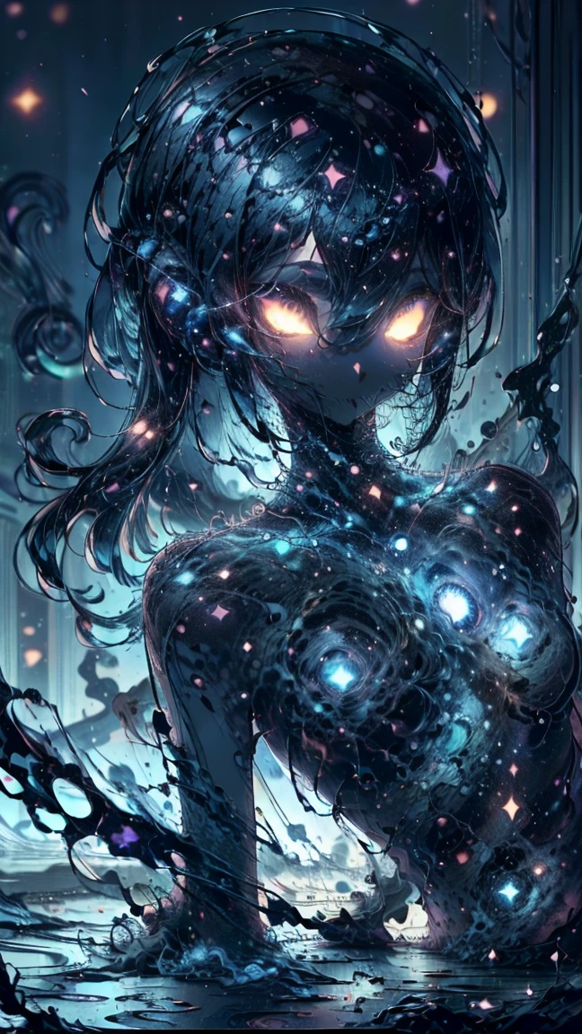 ((This is a dark masterpiece with deep shadows.)) Generate a sexy female dark divine being with ((pure black galaxy skin)). Her face is onyx black but still detailed and stunning. (Her face is important and has realistic shading and puffy lips). Her (opaque) eyes are luminous and shimmering in hues of purples and blues. (Her torso is important). This image is compelling with dynamic composition and energetic posing. Include many fantasy details such as bumps, phantasmal iridescence, glitter, galaxy, cosmos, ((dark celestialskin body, void cosmic body)), (((dark background))), (((lights off))), (((hollywood dark))), horror, dramatic shadows, (in a dark fantasy space:1.3, glitter, sparkle, gleam), female torso
