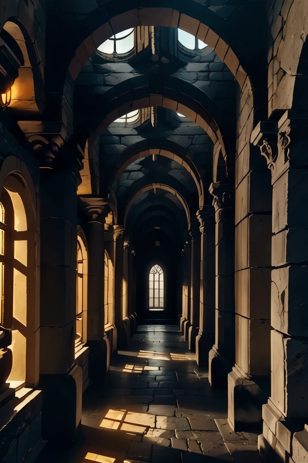 A torch-lit corridor stretches into the distance, the worn stone walls of the Minotaur's labyrinth illuminated by flickering flames. In the shadows, intricately carved Greek columns rise like sentinels, while above, a vaulted ceiling disappears into darkness. The air is heavy with the scent of old parchment and forgotten secrets.