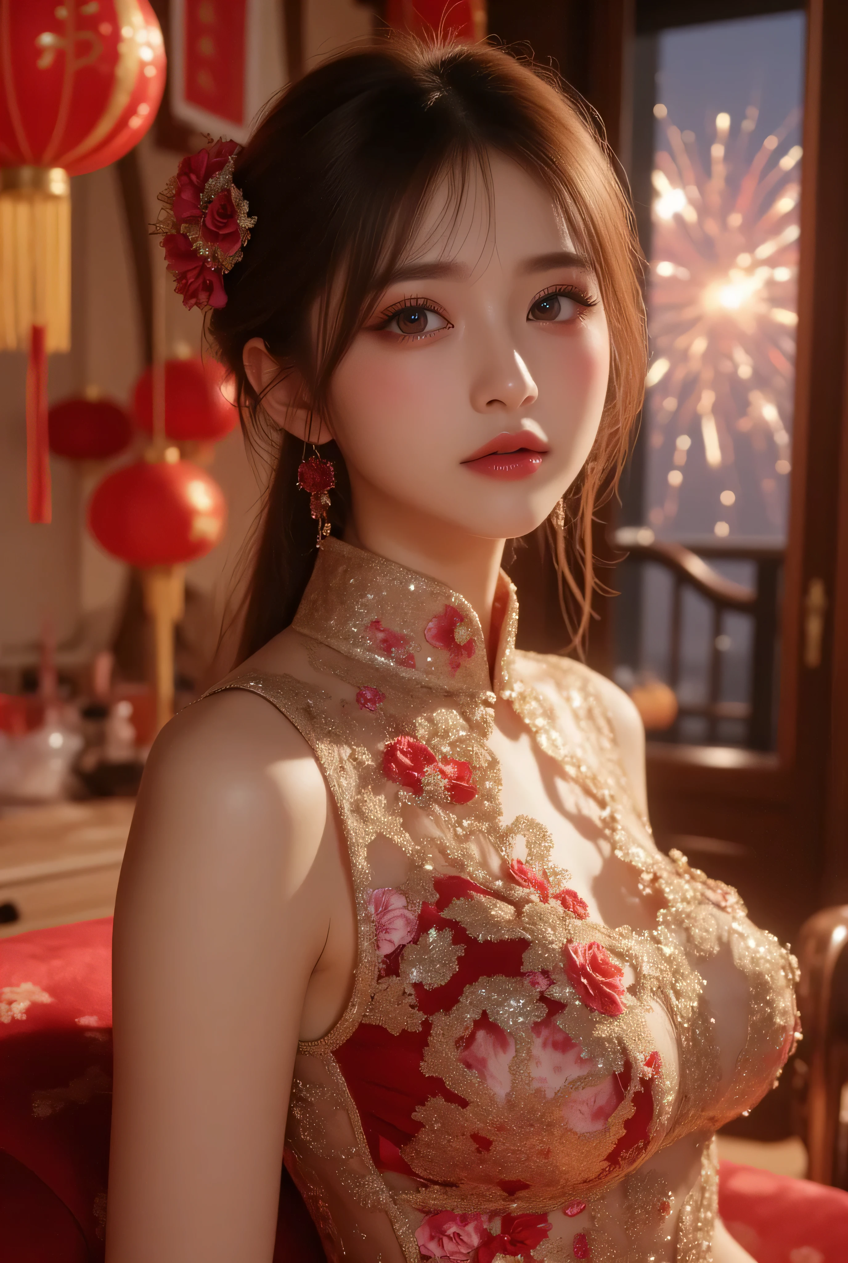 Cat ears、 face up, attractive, pretty girl, ponytail、few beautiful lady hair decorations, (( fine facial features , eroticism)), dramatic lighting , realistic , 8k, Dramatic Shadows , intricate and elaborate patterns , super detailed photo , chiaroscuro lighting , Pleasant colors , deep contrast , super real 、 pink lipstick、 warm room、Vintage Fireplace 、 cinematic composition、Close-up of face, pretty half part transparent open shoulder loose outfits dress, tang style, A beautiful Korean idol wearing a one piece red-transparent-black-silver-go;d-purple-green shinning tightly cheongsam with phoenix and intricate floral golden embroidery, golden and silver outline on dress, standing gracefully in a room filled with traditional Chinese New Year decorations. The room features vibrant red lanterns, decorative calligraphy scrolls, a small Chinese orange tree with golden ornaments, and several red envelopes scattered across the floor and hanging from the tree. Adorable, playful cats are part of the scene—some sitting near the tree, others curiously pawing at the red envelopes or lounging around. Through a window or an open door in the background, vibrant Chinese fireworks light up the night sky in an array of reds, golds, and blues, casting a magical glow into the room. The idol’s outfit is paired with subtle accessories like red hairpins or earrings, complementing the festive look. The atmosphere is warm and lively, filled with the joyful essence of the celebration, enhanced by the shimmering lights of the fireworks and the lively decor.