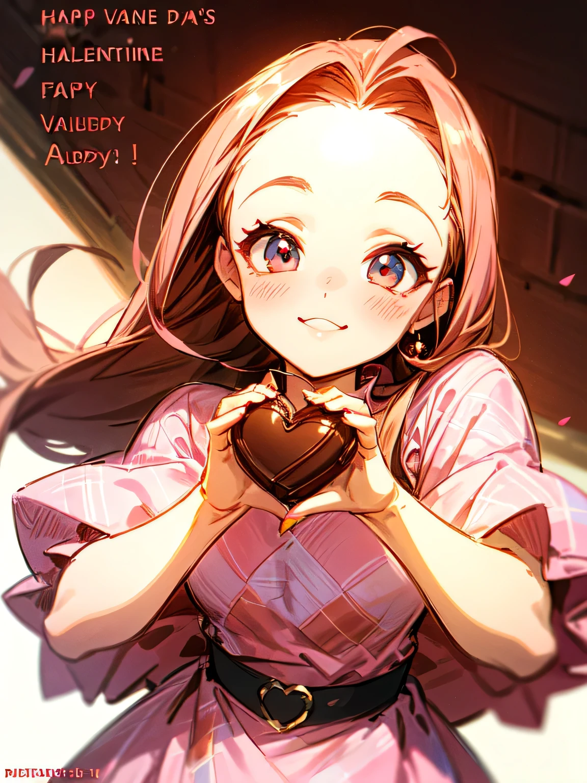 (front view),Alone,upperbody,looking at viewer, older sister's facial appearance ,makeup,brown thin long hair,big forehead,(Forward hands with Valentine's Day chocolate present):1.2,check pattern pink dress, cute kitchen ,smile,( manga style),(sketch),(illustration), Masterpiece, best quality,
