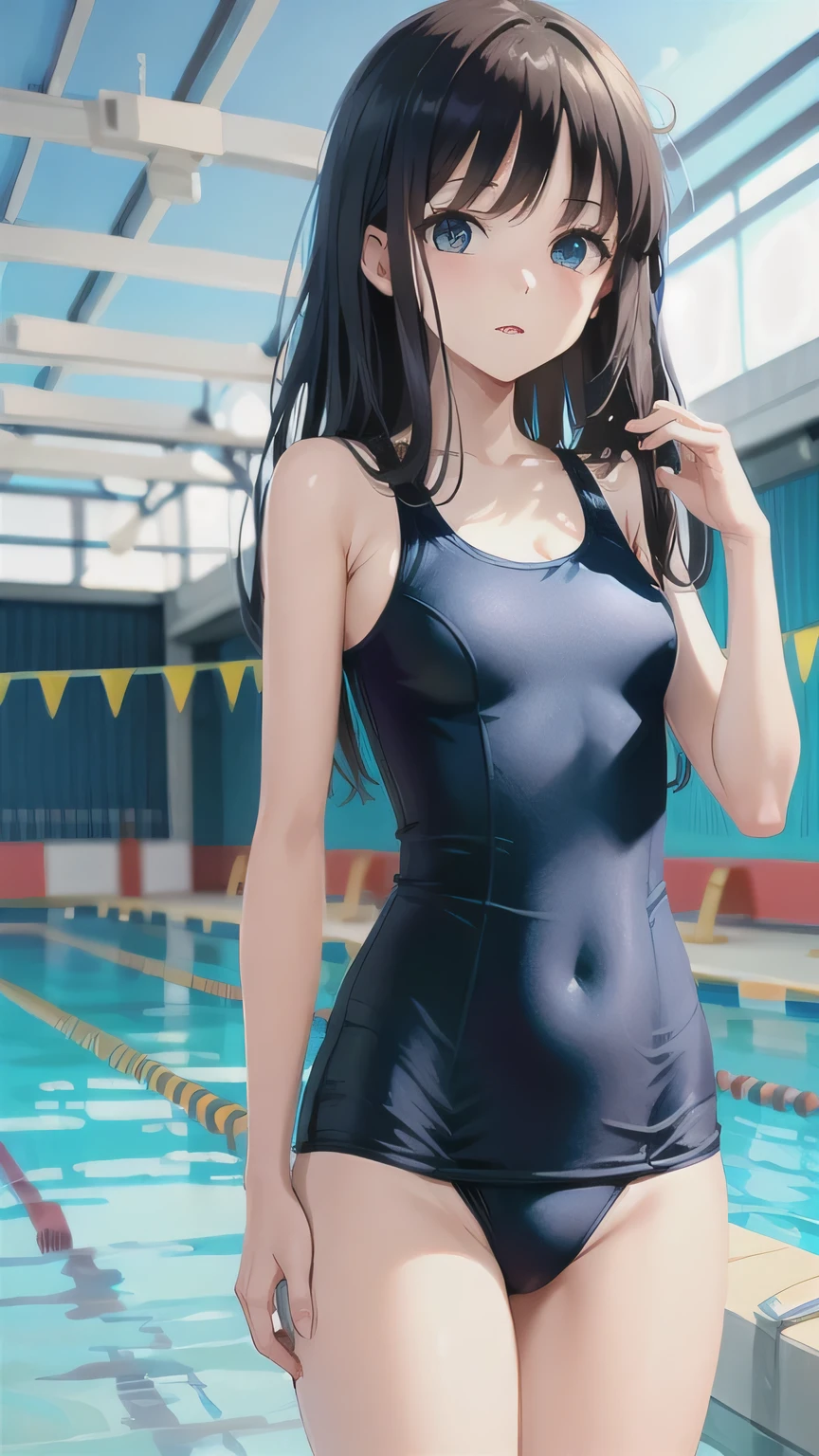 1 girl、bangs、 long hair、 black hair、 blue eyes、 one piece swimsuit、 Old School Swimsuit、 pool、 skinny、thin、 standing