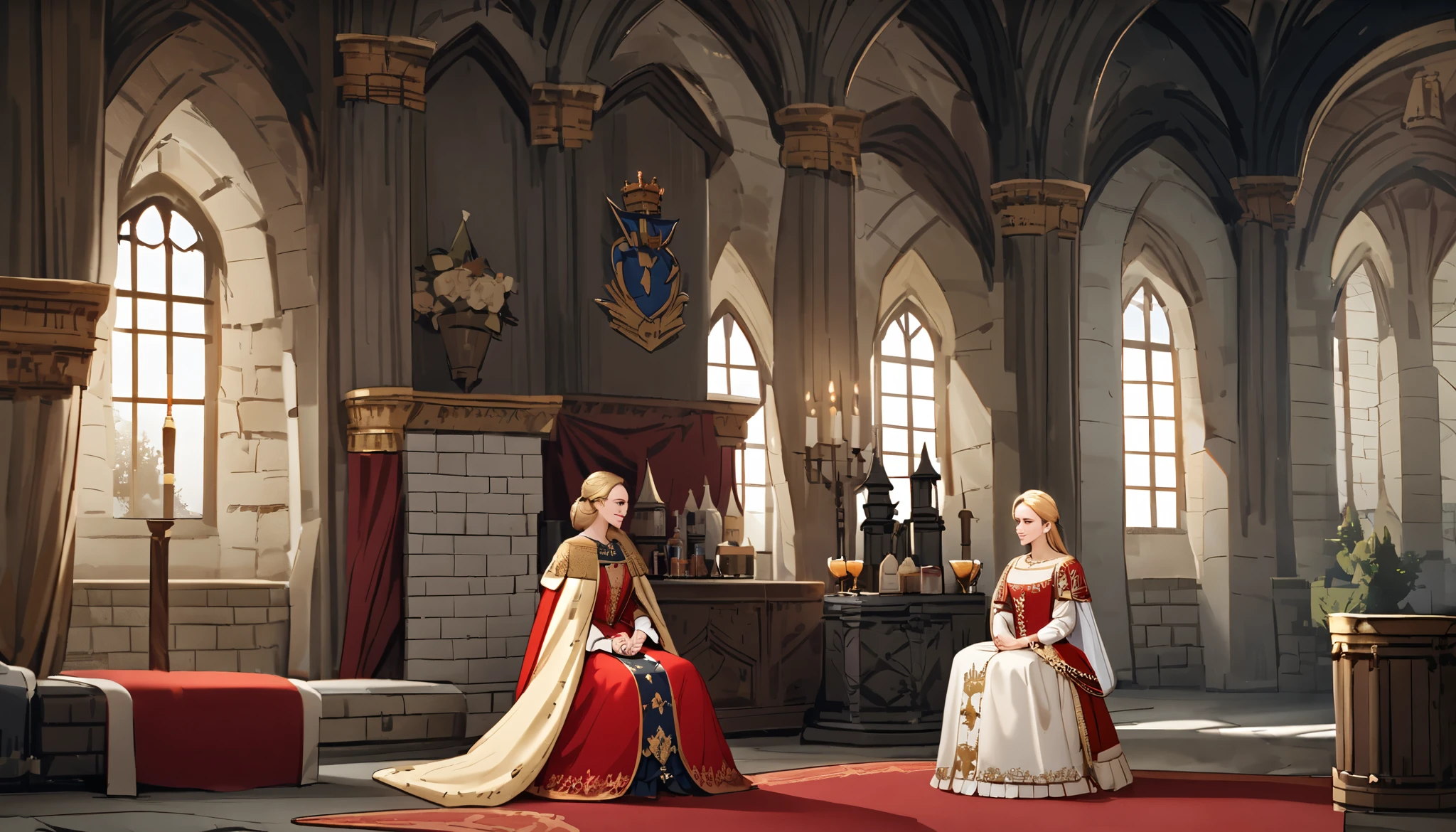 World Cup Style , beautiful women, blondes, sitting , Royal Outfits, Royal Room, Medieval Setting, Inside Castle, castle background.