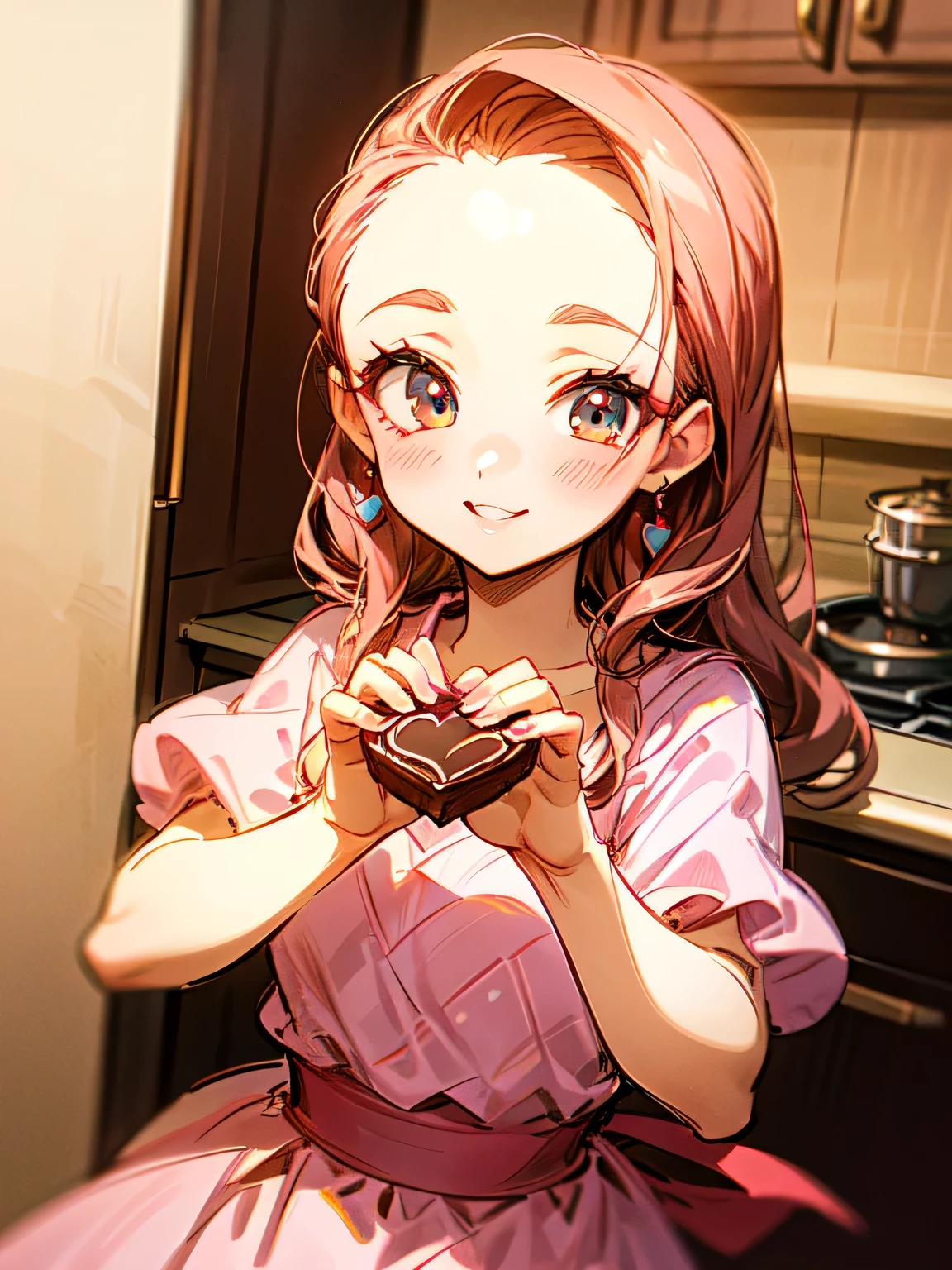 (front view),Alone,upperbody,looking at viewer, older sister's facial appearance ,makeup,brown thin long hair,big forehead,(Forward hands with Valentine's Day chocolate present):1.2,check pattern pink dress, cute kitchen ,smile,( manga style),(sketch),(illustration), Masterpiece, best quality,