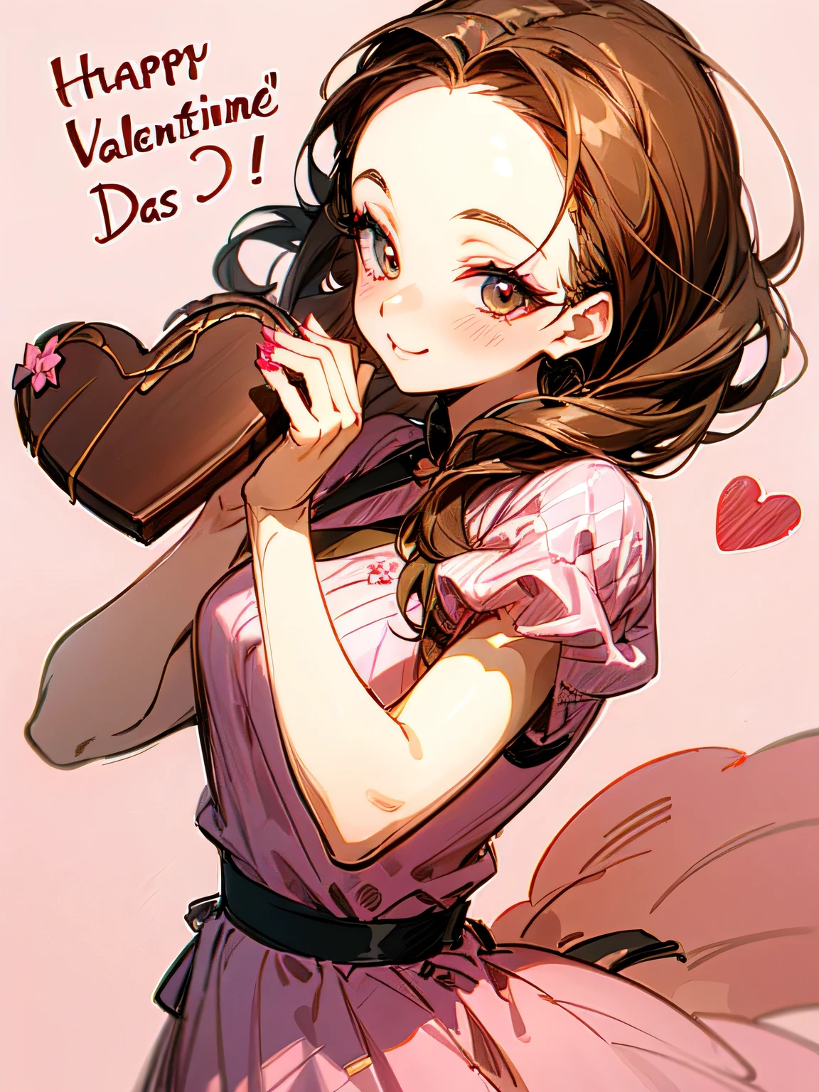 (front view),Alone,upperbody,looking at viewer, older sister's facial appearance ,makeup,brown thin long hair,big forehead,(Forward hands with Valentine's Day chocolate present):1.2,check pattern pink dress, cute kitchen ,smile,( manga style),(sketch),(illustration), Masterpiece, best quality,