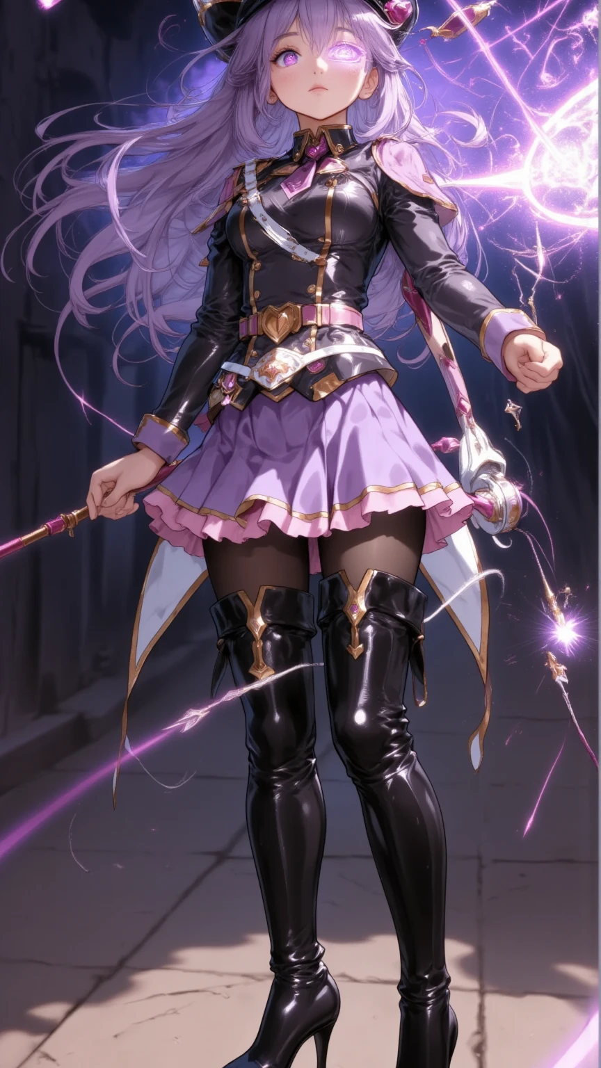 (long hair:1.3), (black hair:1.3), forehead, forehead mark, anatomically correct, heavy breathing, huge breasts, breast press, 1girl, weapon, sword, thighhighs, solo, blue_eyes, breasts, full_body, ponytail, bangs, jewelry, standing, dress, holding_weapon, gloves, holding, short_dress, looking_at_viewer, earrings, long_hair, closed_mouth, cleavage, white_legwear,michiko_tanaka_mahoushoujoniakogarete,michiko tanaka, (shaded face:1.2), hollow eyes, yellow eyes, looking at viewer, (heavy breathing:1.2), smirk, upper teeth, forehead mark, makeup,
