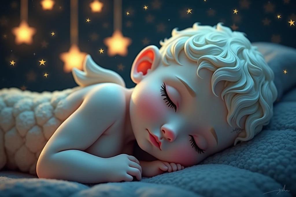 Baby sleeping with cat The surrounding scenery is fantastic with stars