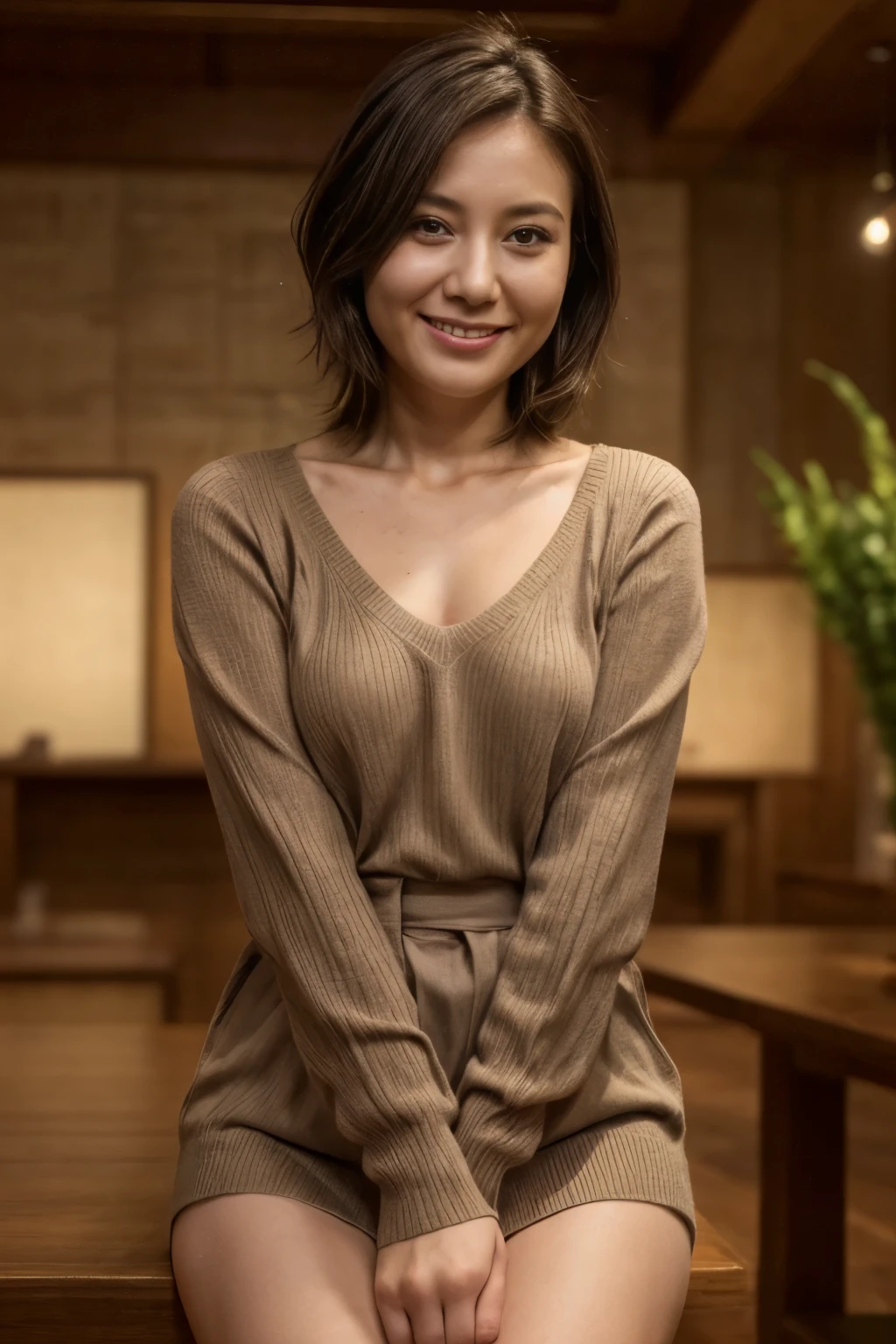 top quality, Masterpiece, high resolution, photorealistic, RAW Photo , 8K wallpaper, Masterpiece, beautiful woman, 1 person, Small bulging breasts, brown short bob hair, smiles, upper body portrait, see-through v-neck knitted sweater, Put your arms between your thighs, detailed hands , Details, Yuki, Morikawa