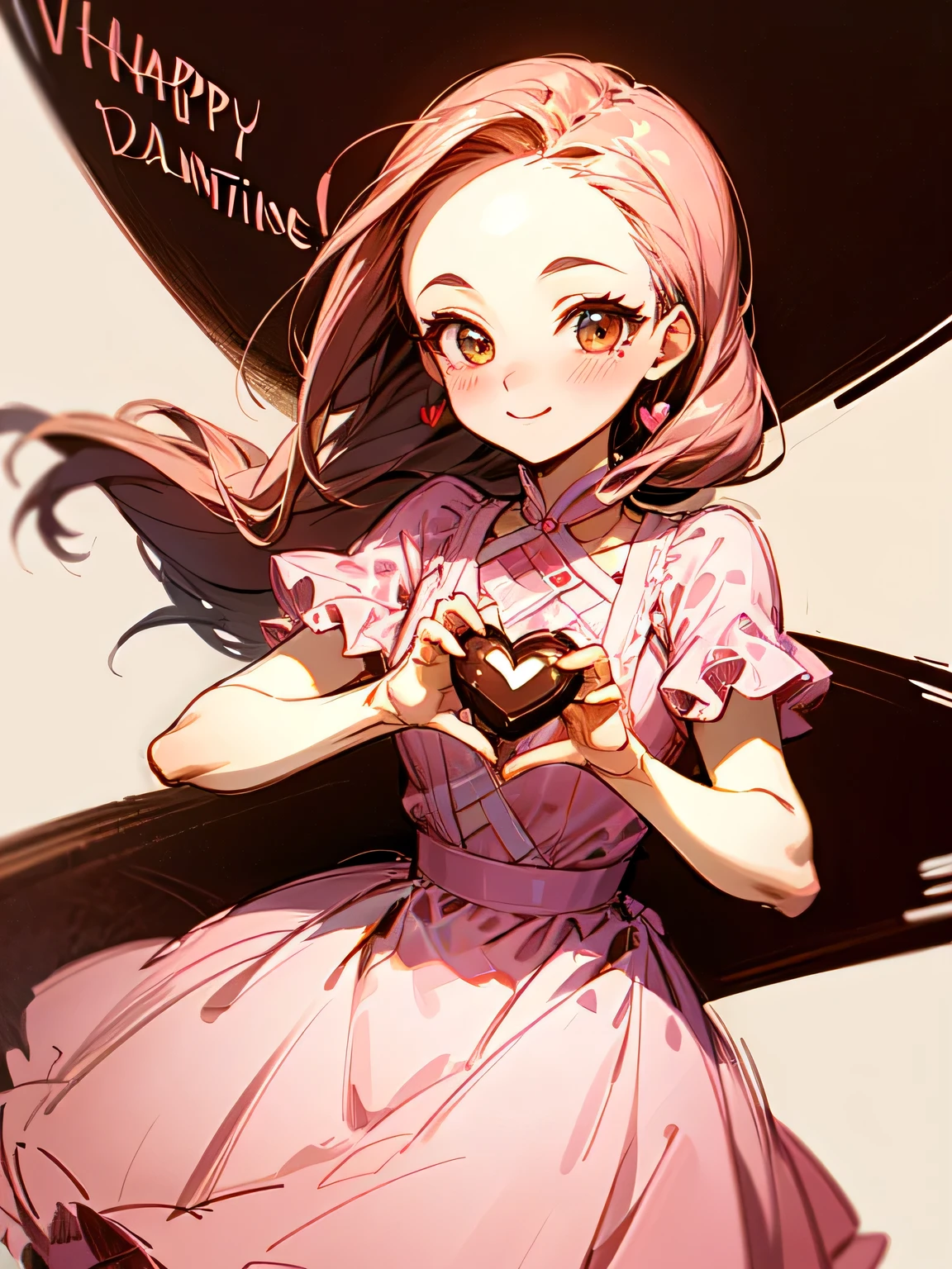 (front view),Alone,upperbody,looking at viewer, older sister's facial appearance ,makeup,brown thin long hair,big forehead,(Forward hands with Valentine's Day chocolate present):1.2,check pattern pink dress, cute kitchen ,smile,( manga style),(sketch),(illustration), Masterpiece, best quality,