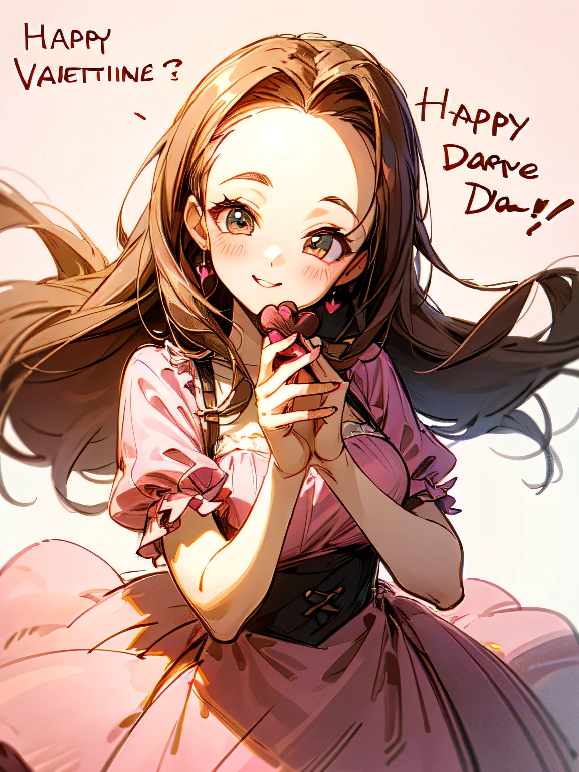 (front view),Alone,upperbody,looking at viewer, older sister's facial appearance ,makeup,brown thin long hair,big forehead,(Forward hands with Valentine's Day chocolate present):1.2,check pattern pink dress, cute kitchen ,smile,( manga style),(sketch),(illustration), Masterpiece, best quality,