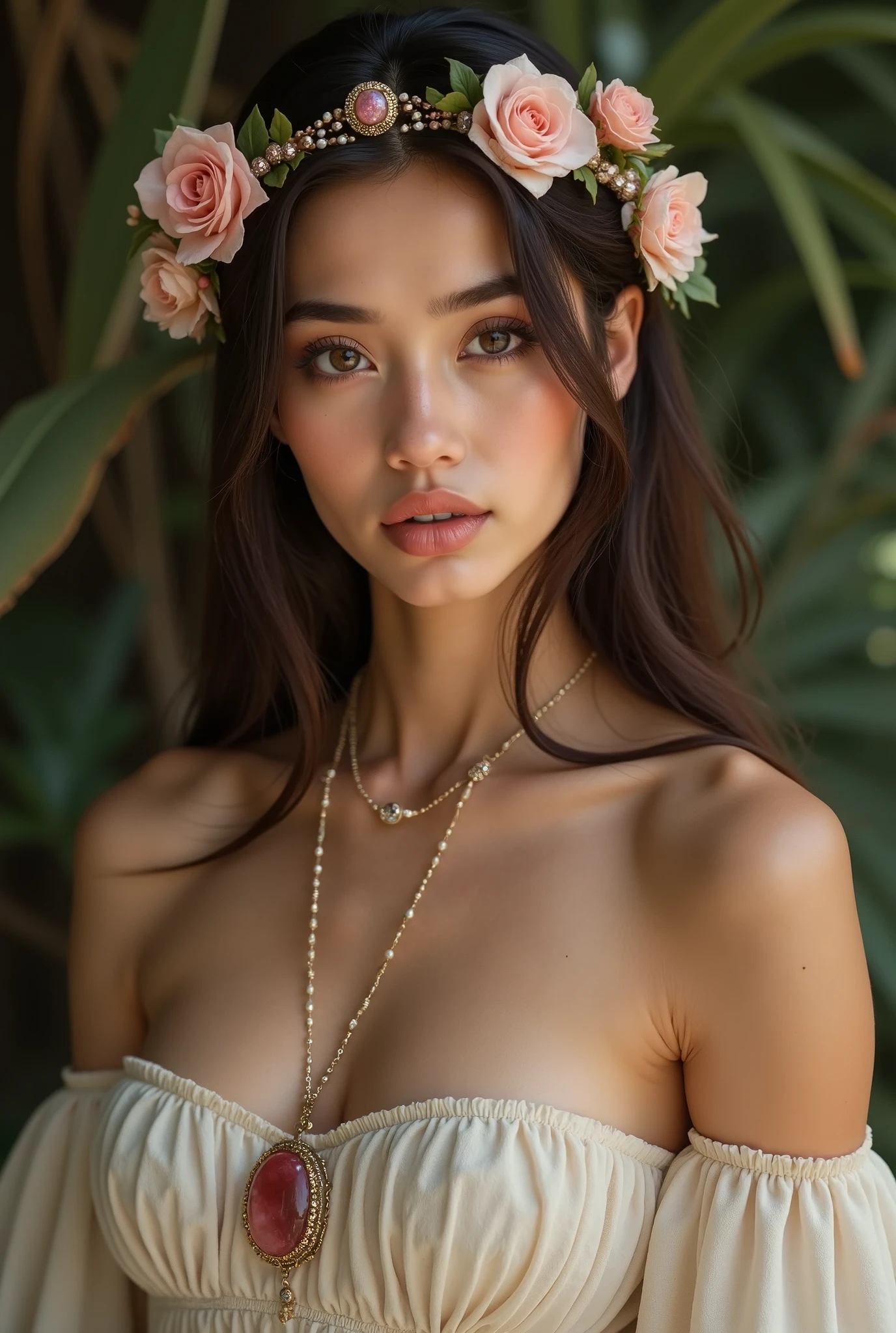 age: ancient , but appears young (20–26)
gender : Woman
Hair : long, direct, dark blond, thin floral tiara
Eyes : dark brown
Facial features : oval face and caramel-colored leather
Body type: slim, athletic build
Clothing : beautiful girl , light, off-the-shoulder dress ( ivory , green, brown and pink , bare chest, topless)
jewelry: beautiful girl , rose quartz pendant