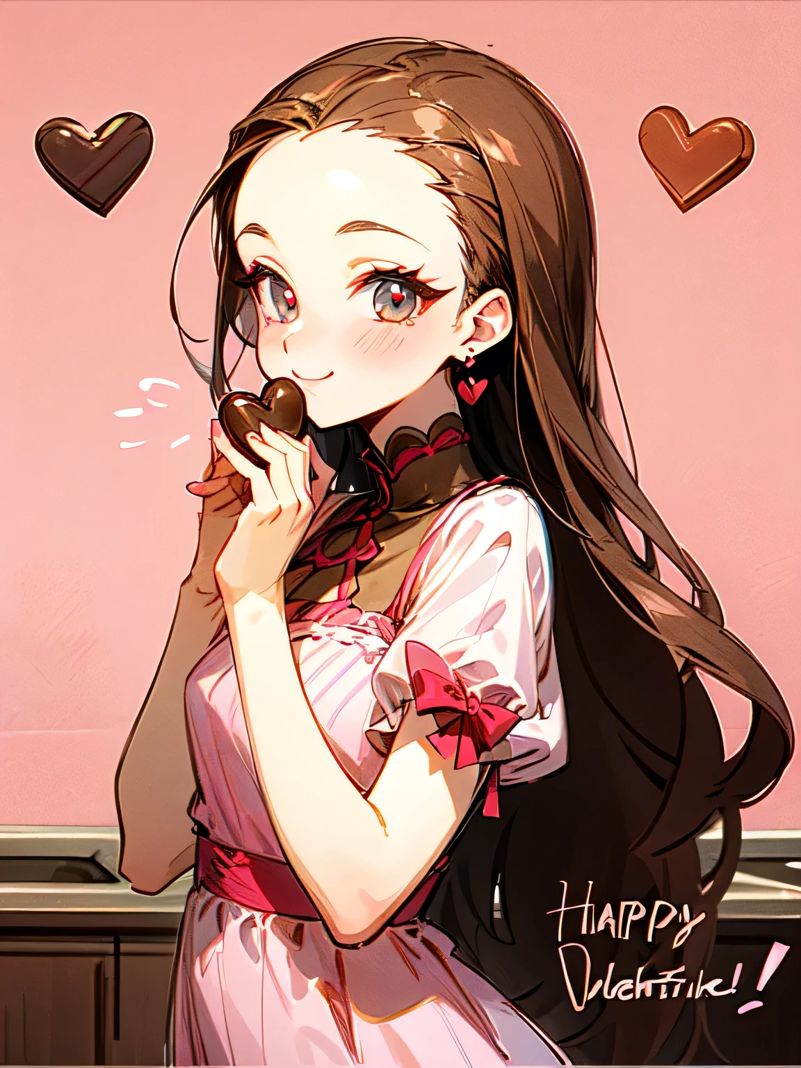 sideview,Alone,upperbody,looking at viewer, older sister's facial appearance ,makeup,brown thin long hair,big forehead,(Forward hands with Valentine's Day chocolate present):1.2,check pattern pink dress, cute kitchen ,smile,( manga style),(sketch),(illustration), Masterpiece, best quality,