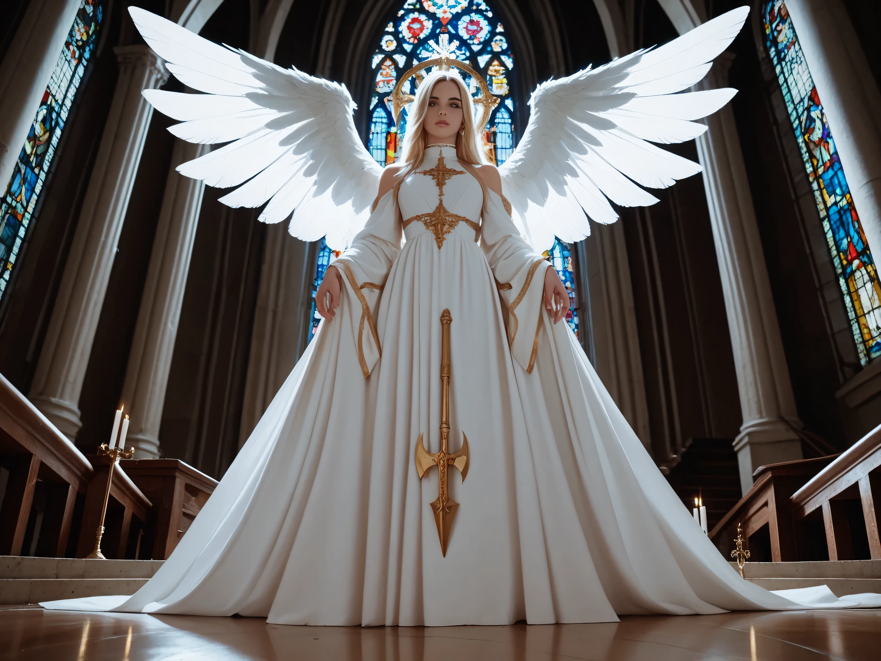 RAW photos , top quality,church、 One Beautiful Girl、 from below、 standing、Golden long hair、Purple Eyes、 Beautiful Eyes、 slim、Priest、Robe、 high heels、clear、 smiles、 circle of angels in dark、The six wings of an angel、arms、 halberd