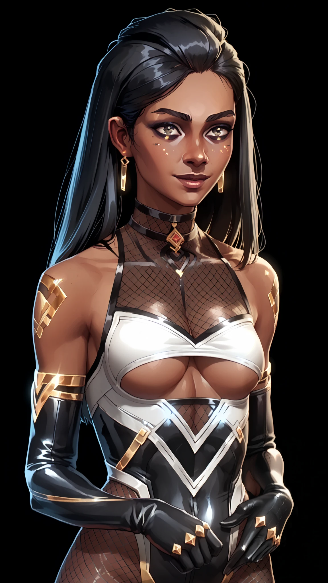 one woman, mel, (black eyes:1.2), long hair, black hair, (upper body:1.3), black skin, (black background, clear background:1.5), (studio lights, deep shadows:1.3), (small chest, bare shoulders, slender body:1.3), (fishnet bodysuit, fishnet long gloves, underboob, cleavage:1.4), (happy face:1.2)