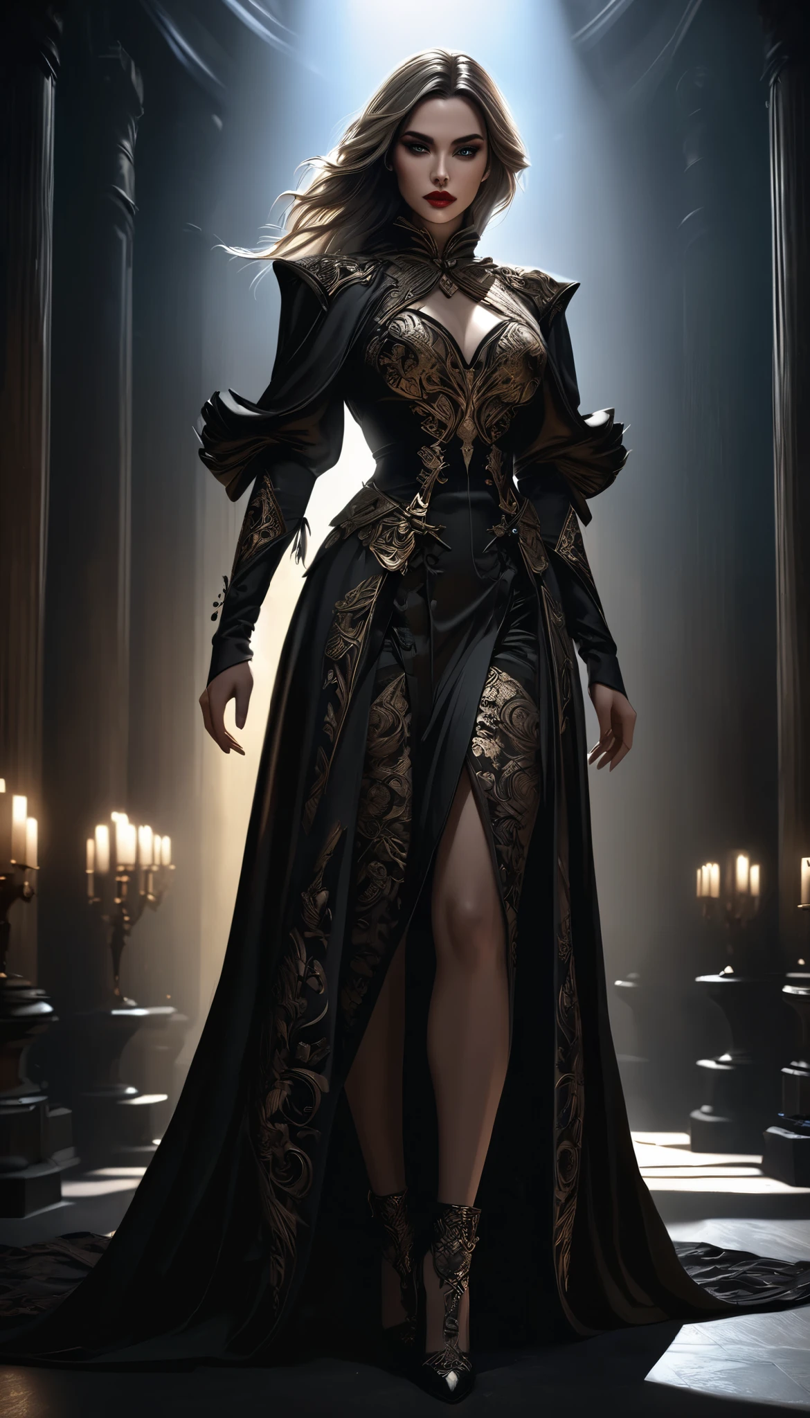 beautiful female, highly detailed face, beautiful detailed eyes, beautiful detailed lips, extremely detailed face, longeyelashes, intricate outfit, solo, full body shot, dramatic lighting, cinematic composition, moody atmosphere, dark tones, chiaroscuro, digital art, concept art, realistic, 8k, high quality, detailed description, masterpiece