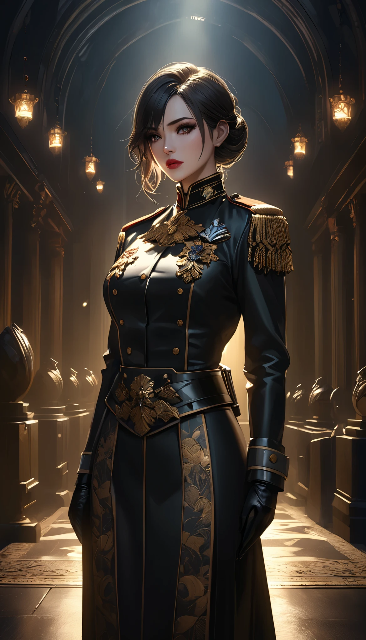 beautiful female, solo, BREAK beautiful military officer, amazing shot, whole body in frame, dramatic lighting, cinematic composition, moody atmosphere, chiaroscuro, digital art, concept art, realistic, 8k, high quality, detailed description, masterpiece, highly detailed face, beautiful detailed eyes, beautiful detailed lips, extremely detailed face, long eyelashes, intricate outfit, shiny skin,
