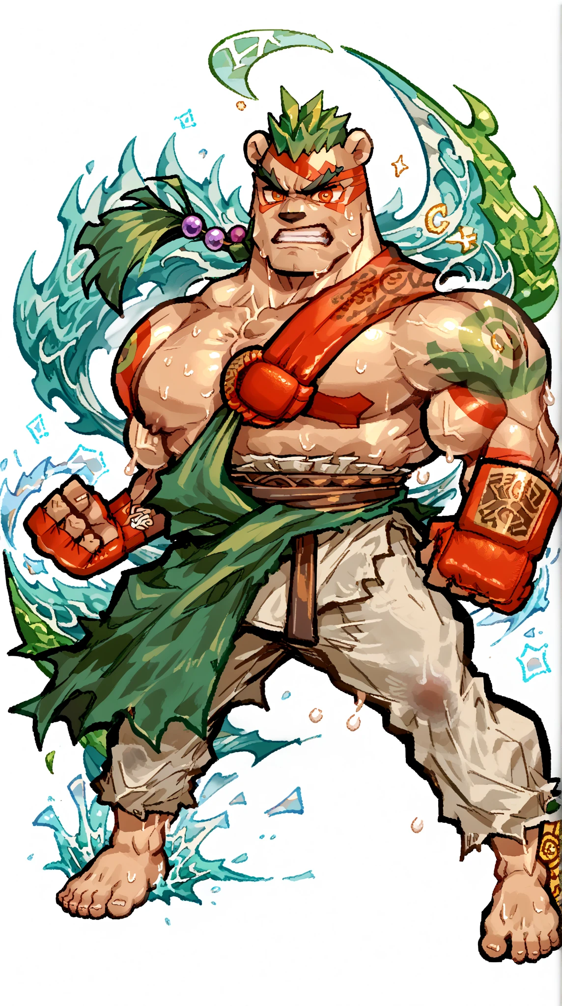 a Polynesian, robust muscular body, 22 years old with a tall and slightly muscular build. He has long gray hair styled, face furrowed brows, clenched teeth, intense eyes, exuding Focus and determination. His skin is deep brown with golden undertones, adorned with simple Maui Polynesian tattoos. He wears MMA gloves covered in bandage wrappings, pareo with wave patterns. Around his neck large round beads. Include dynamic poses that highlight his strength, such as boxing pose, crossing his arms with a stern expression, (epic, masterpiece:1.2) (Delicate of eyes:1.2), Sweating:2, Sweating:1.2, Shiny of fur, Pose for the camera, bodybuilder, Confidence, big muscles, of, full body bear feet, Body covered in Magic Formations, Mystical Geometry, Sharp Focus Points, Transparent Chinese Bagua magic formation Diagrams in front of his fist, Constellation Symbols in his Maui tattoo, green forest background