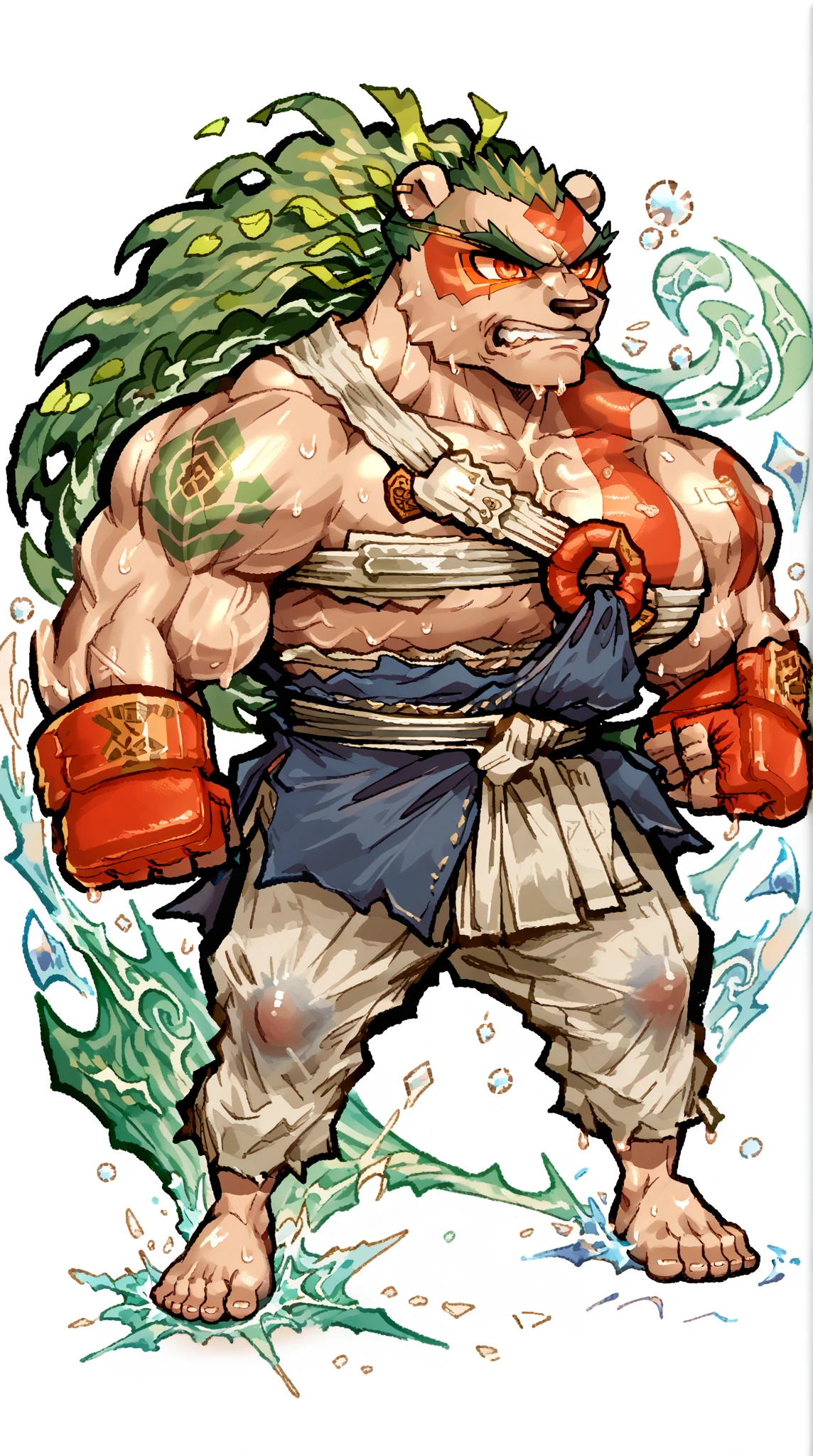 a Polynesian, robust muscular body, 22 years old with a tall and slightly muscular build. He has long gray hair styled, face furrowed brows, clenched teeth, intense eyes, exuding Focus and determination. His skin is deep brown with golden undertones, adorned with simple Maui Polynesian tattoos. He wears MMA gloves covered in bandage wrappings, pareo with wave patterns. Around his neck large round beads. Include dynamic poses that highlight his strength, such as boxing pose, crossing his arms with a stern expression, (epic, masterpiece:1.2) (Delicate of eyes:1.2), Sweating:2, Sweating:1.2, Shiny of fur, Pose for the camera, bodybuilder, Confidence, big muscles, of, full body bear feet, Body covered in Magic Formations, Mystical Geometry, Sharp Focus Points, Transparent Chinese Bagua magic formation Diagrams in front of his fist, Constellation Symbols in his Maui tattoo, green forest background