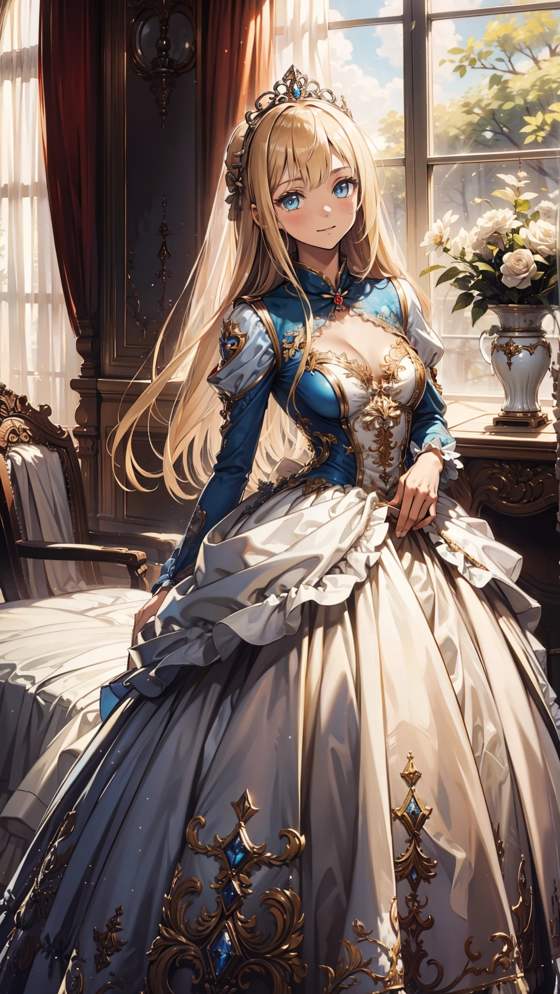 alone, girl,Obsessed,Princess, Have Fun ,in love, Seductive Posture,( western style white dress),(blond),( blue eyes),( gold pattern),( a small amount of sky blue fabric),精致的Princess头饰, Super Ultra Detailed ,Ruffles,Lace, Jewelry Decoration ,Floral Decoration,bow, detailed bedroom with bay window, best quality, masterpiece, high resolution
