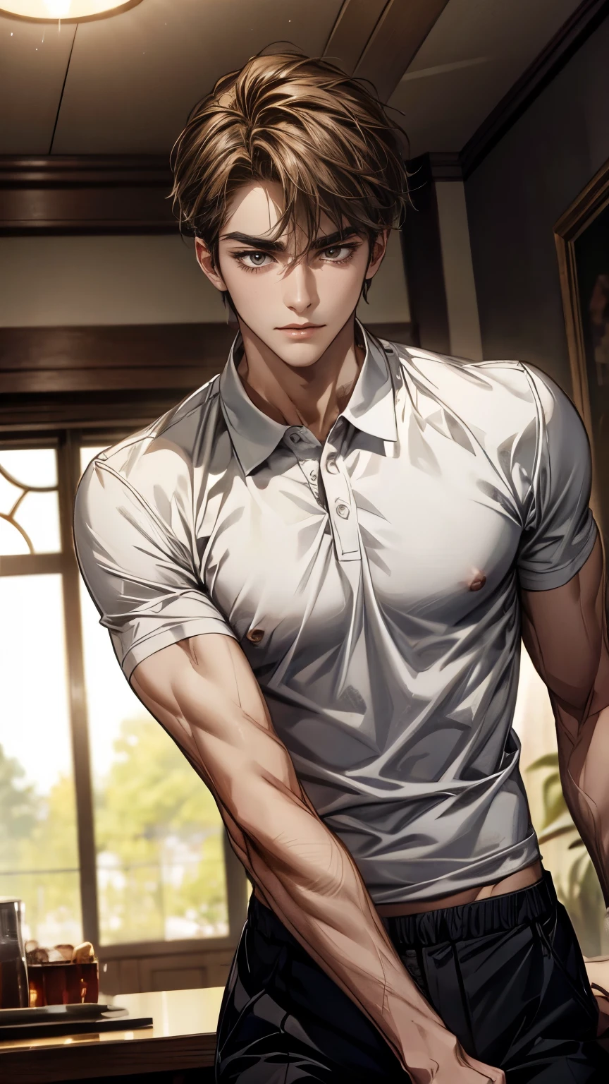 (One beautiful handsome man), smile, brown short hair, beautiful eyes, Beautiful double eyelids, broadly grinning, pointy nose, Smooth and glowing skin, abs, broad-shouldered, polo shirt, standing, bulge between the legs, reninterior, Digital painting, 16K, Best quality, masterpiece, ultra-detailed, nsfw, medium shot, anatomically correct, good hands, look at us, Nobody's here, sweating