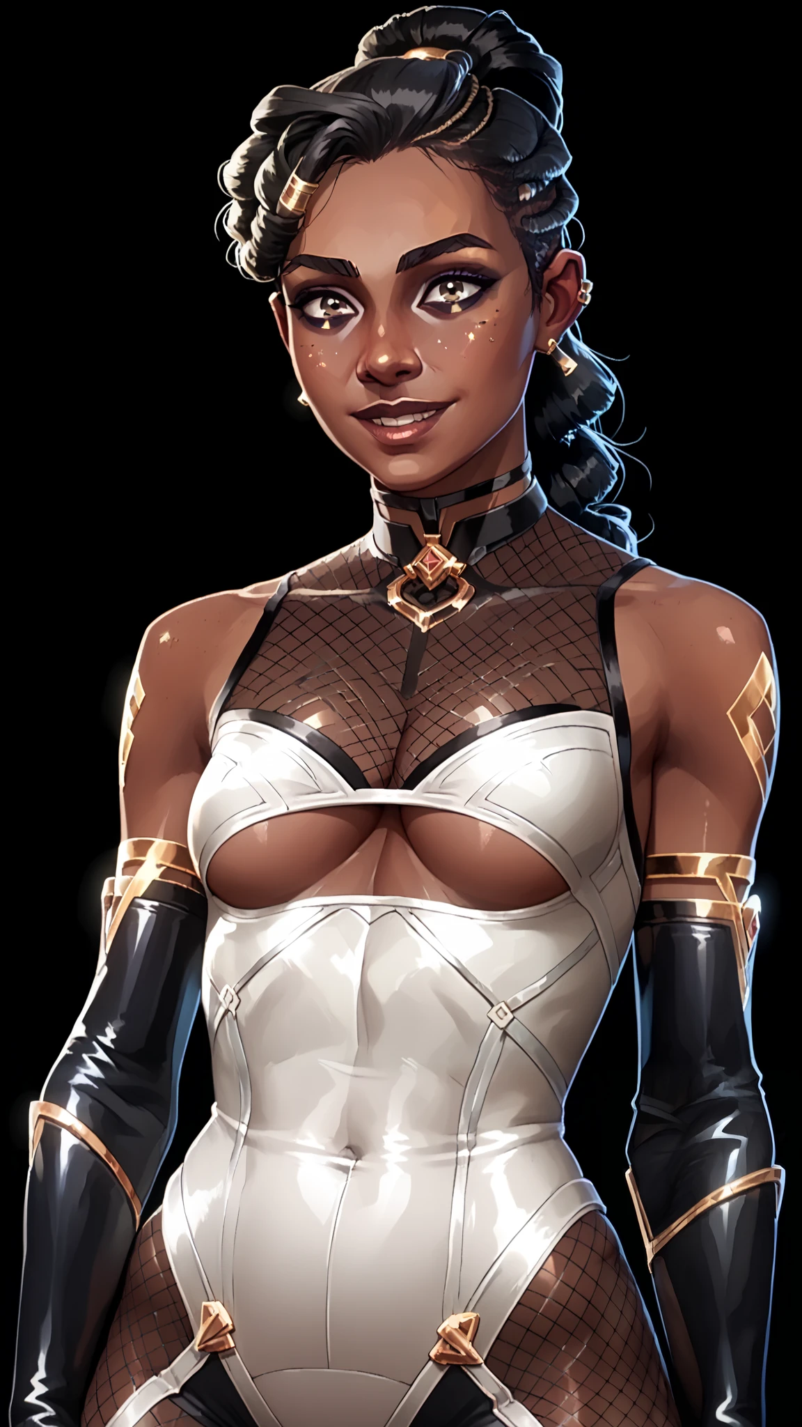 one woman, mel, (black eyes:1.2), long hair, black hair, (upper body:1.3), black skin, (black background, clear background:1.5), (studio lights, deep shadows:1.3), (small chest, bare shoulders, slender body:1.3), (fishnet bodysuit, fishnet long gloves, underboob, cleavage:1.4), (happy face:1.2)