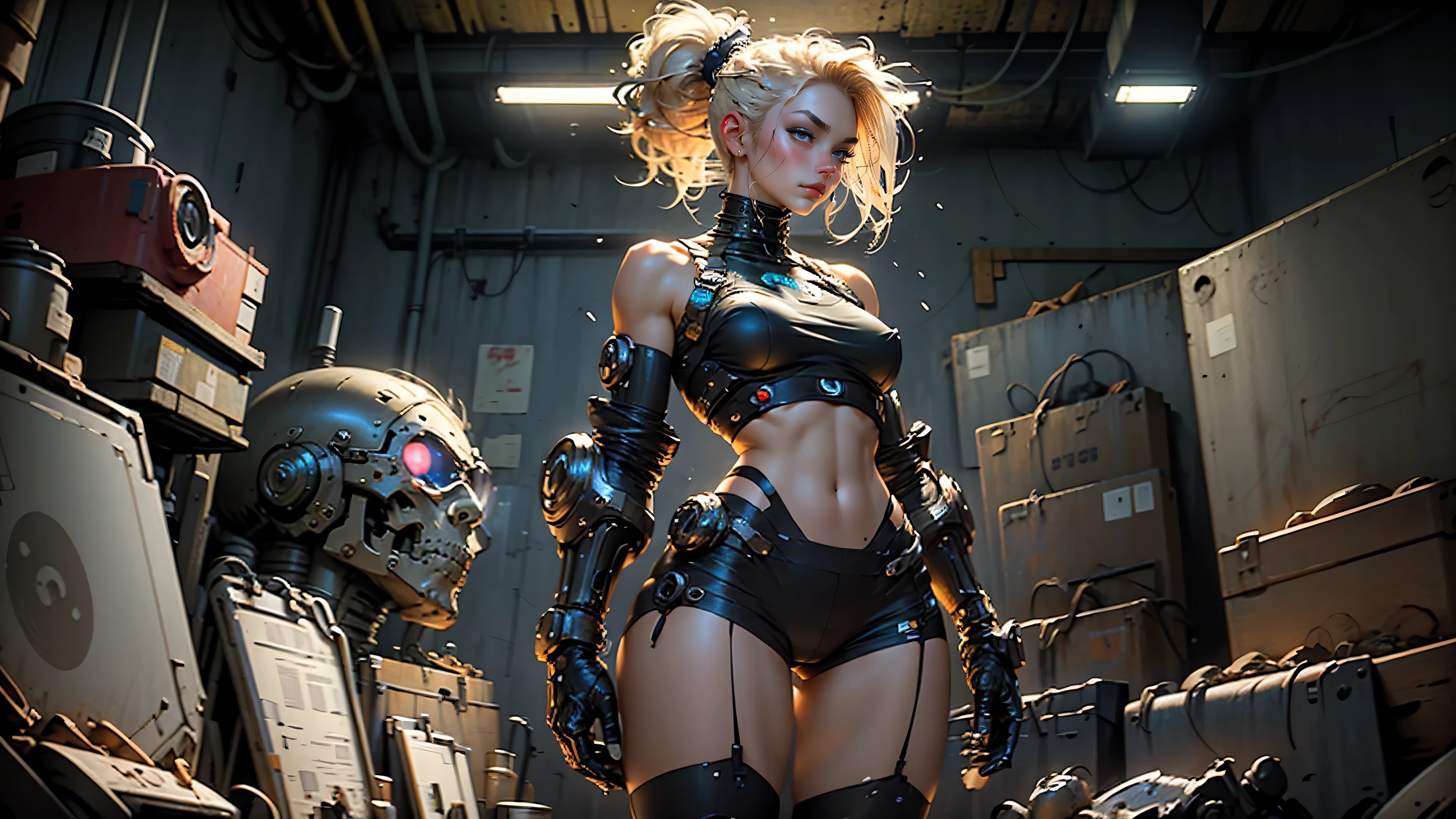 "(((A beautiful woman with beautiful body and large breasts, one blue eye and one red eye, with cybernetic parts and wearing sexy clothes, including needle-heeled boots)))"
- Image Type: Photography
- Subject Description: A stunning-looking woman, combining cybernetic elements and sensuality, in a realistic composition.
- Art Styles: Realism
- Artistic Inspirations: Futuristic fashion photography by Nick Knight, conceptual portraits by Tim Walker
- Camera: DSLR camera
- Framing: Medium plane
- Render-Related Information: High resolution (8K), dramatic lighting highlighting the details of the woman's body, hair and clothing, balance between sensuality and cybernetic aesthetics. --auto