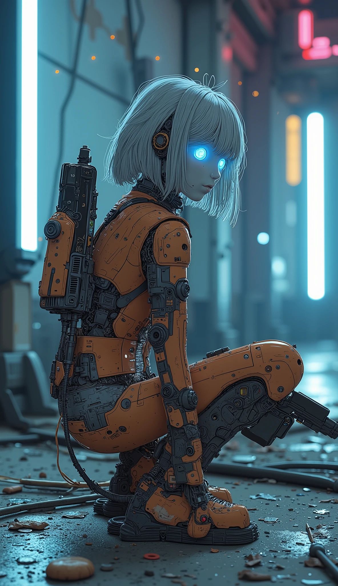 CUTE FEMALE ROBOT , heavy weapons, Glowing Joints and Gaps , 新 very detailed , vibrant colors , very detailed顔と目 , Intricate mechanical design with glowing blue joints and gaps , photorealistic , cinematic lights , Flowing Silver Hair , chiaroscuro, cinematic lights , 8k, Masterpiece, retina, accurate, 解剖学的に accurate, textured skin showing armpits , very detailed , high detail , high quality , Award-winning , 最 high quality , high resolution, 1080P, high resolution, 16k, dark hair、 straight hair , Medium Boobs , messy hair, two-tone、 on all fours、Penthouse、 from behind