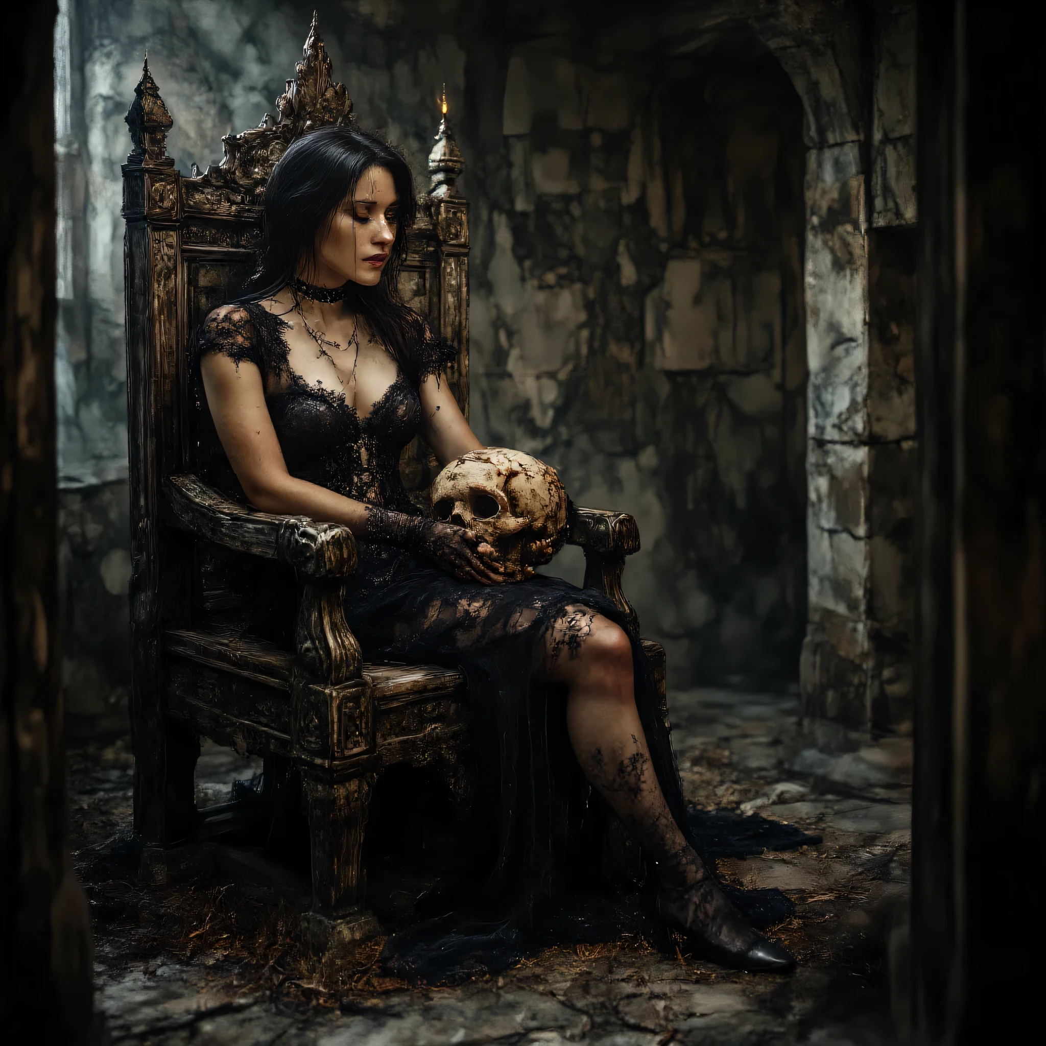 In the shadowy depths of a decaying, candlelit chamber, a woman of striking allure commands attention as she reclines on a jagged, obsidian throne. Her long, raven-black hair spills over her shoulders, framing her narrow, porcelain face and accentuating her piercing, smoky eyes. A subtle mole beneath one eye and her moist, crimson lips add to her sensual mystique. She wears a daring, form-fitting black dress that leaves little to the imagination—a plunging neckline that boldly showcases her ample chest, while the sheer, lace panels along her sides and thighs tease glimpses of her flawless skin. The dress hugs her curves perfectly, its high slit revealing her long, toned legs, and her lace gloves and choker add a touch of dark elegance. Her stiletto heels click softly against the stone floor as she shifts, her movements deliberate and hypnotic. 

In her hands, she cradles a weathered skull, her lips brushing against its hollow mouth in a haunting, almost sensual kiss—mouth to mouth, as if exchanging secrets with the dead. The flickering candlelight casts eerie shadows across the empty hall, amplifying the gothic atmosphere. She is the Queen of the Night, a vision of bold, unapologetic beauty, her presence both intoxicating and unnerving. Every detail of her—her daring attire, her confident poise, and her intimate connection with the macabre—paints her as a woman who thrives in the darkness, a seductive empress of the shadows.
