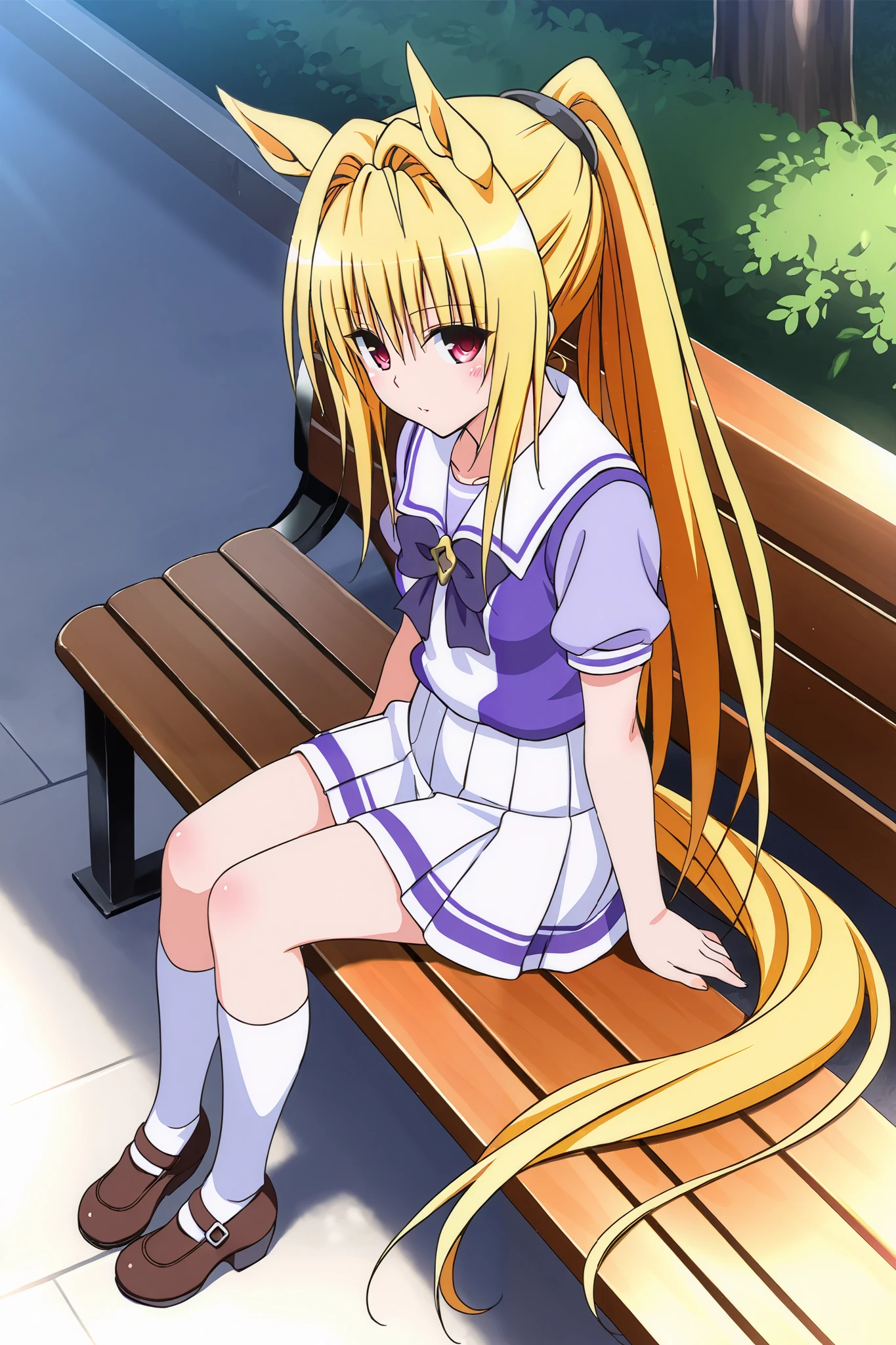 love-ru , konjiki na yami,  1girl,  red eyes ,  detailed eyes, sharp animal ears, horse ears,  Horse tail ,  embarrassment face, bright yellow hair,  masterpiece,  top quality ,  excellent quality,  1girl, female ,  Ponytail , Horse girl, horse ears, ,  with a pattern, white knee socks,  sailor collar ,  purple shirt , white skirt,  brown shoes , no black pins, bun hairstyle,  sits on a bench 