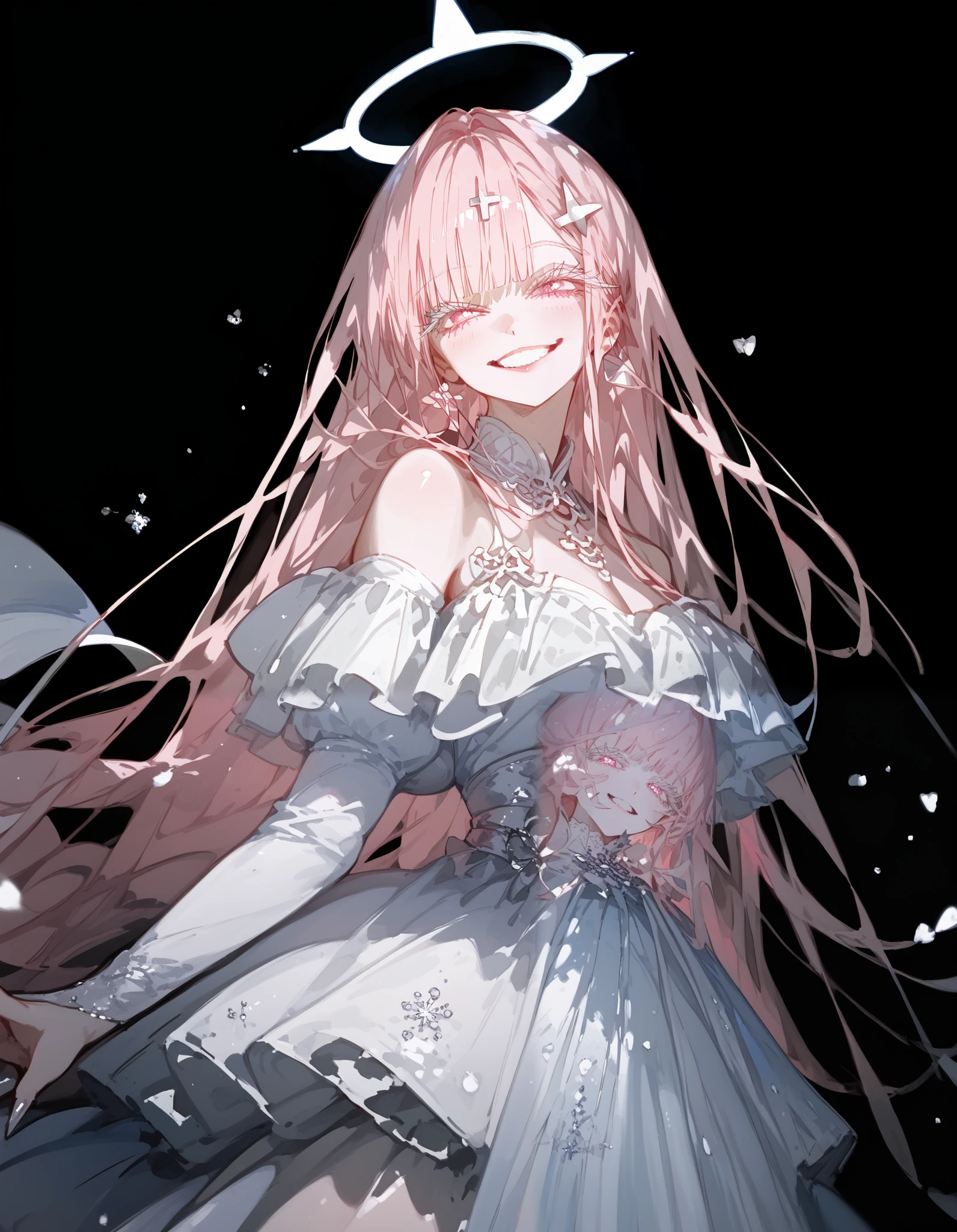 girl,White eyelashes, In Light Pink Eyes ,Long hair, Smiling Smile ,Bangs,Thin white dress,White hairpins, Light Blue Kimono, black background , soft light , natural light ,scary, villains,Villains, Strongface ,Tall, natural light ,Sharp eyes ,snow,เจ้าหญิงsnow,Emblem triangle on the back,big white halo ,Triangularism