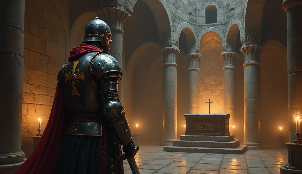 templar night in his armor praying in front of a cross