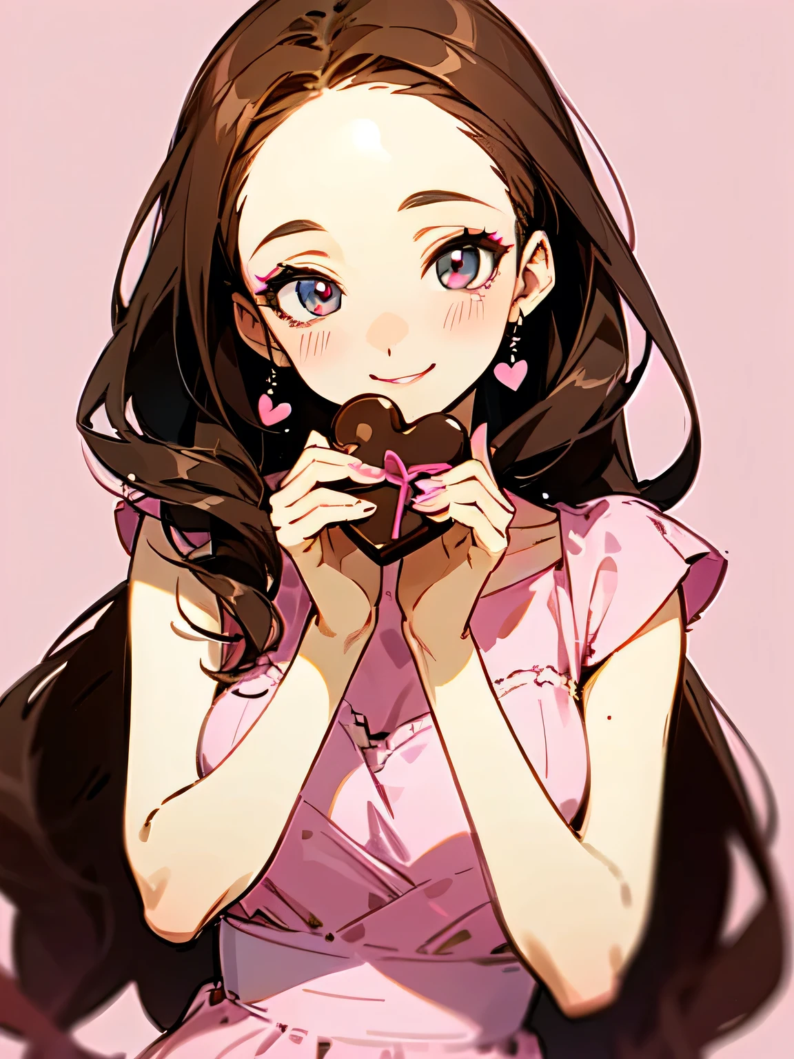 (front view),Alone,upperbody,looking at viewer, older sister's facial appearance ,makeup,brown thin long hair,big forehead,(Forward hands with Valentine's Day chocolate present):1.2,check pattern pink dress, white background ,smile,no text,( manga style),(sketch),(illustration), (Masterpiece), (best quality),