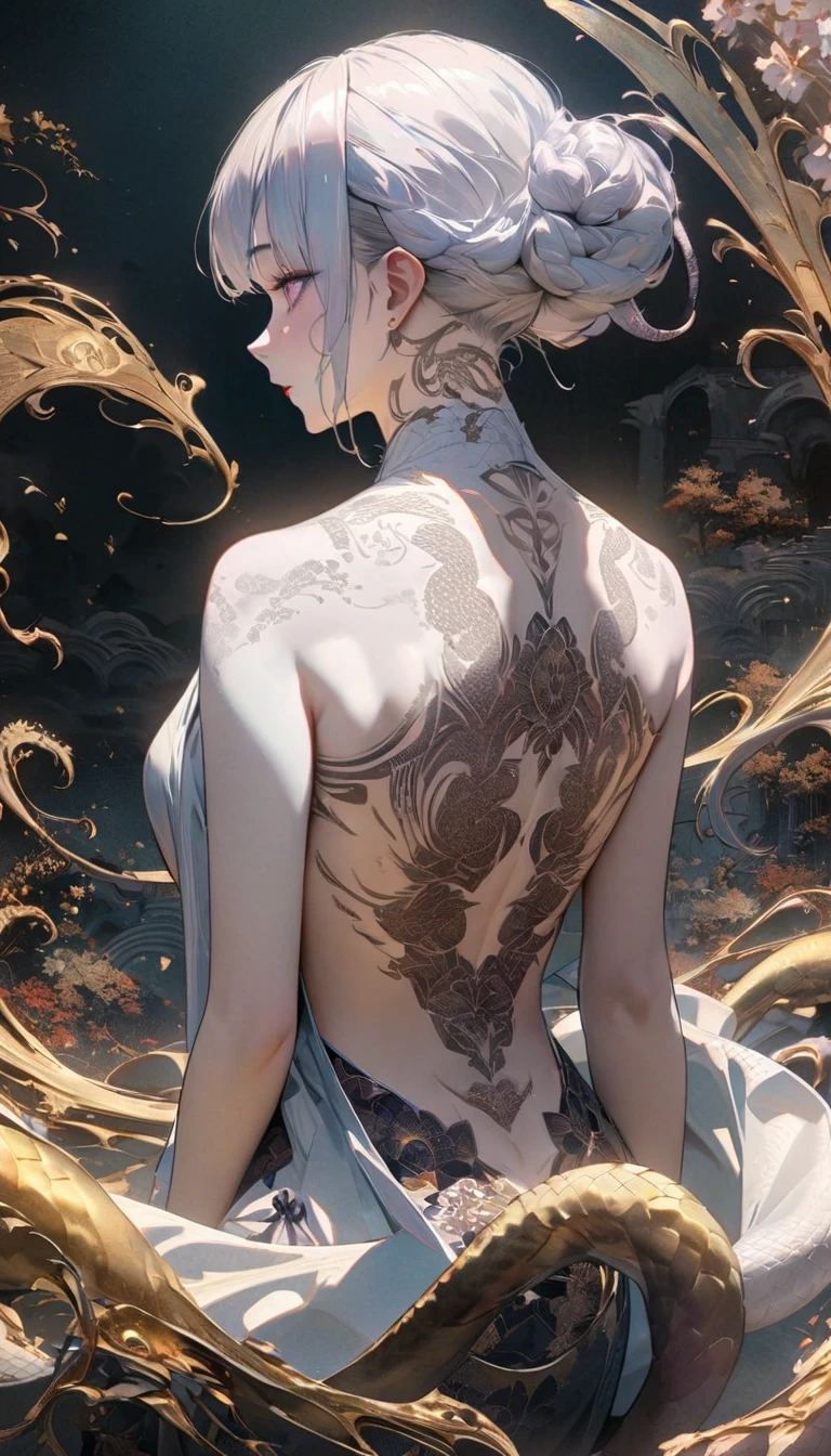 A beautiful white snake is drawn on her back, A white snake with a very powerful back, back close-up, In the serene setting of a mandala a beautiful back adorned with a glowing snake tattoo stands out prominently, The tattoo intricately designed in traditional Japanese irezumi style shimmers with a divine light, The scene is depicted in a delicate watercolor style with subtle colors over an ink painting backdrop, The dynamic angle captures the mesmerizing details and balance of the back and tattoo emphasizing their enchanting and beautiful nature, The mandala background adds depth and tranquility to the composition enhancing the overall aesthetic, UHD, retina, masterpiece, accurate, textured skin, super detail, high details, high quality, best quality, highres, 16k