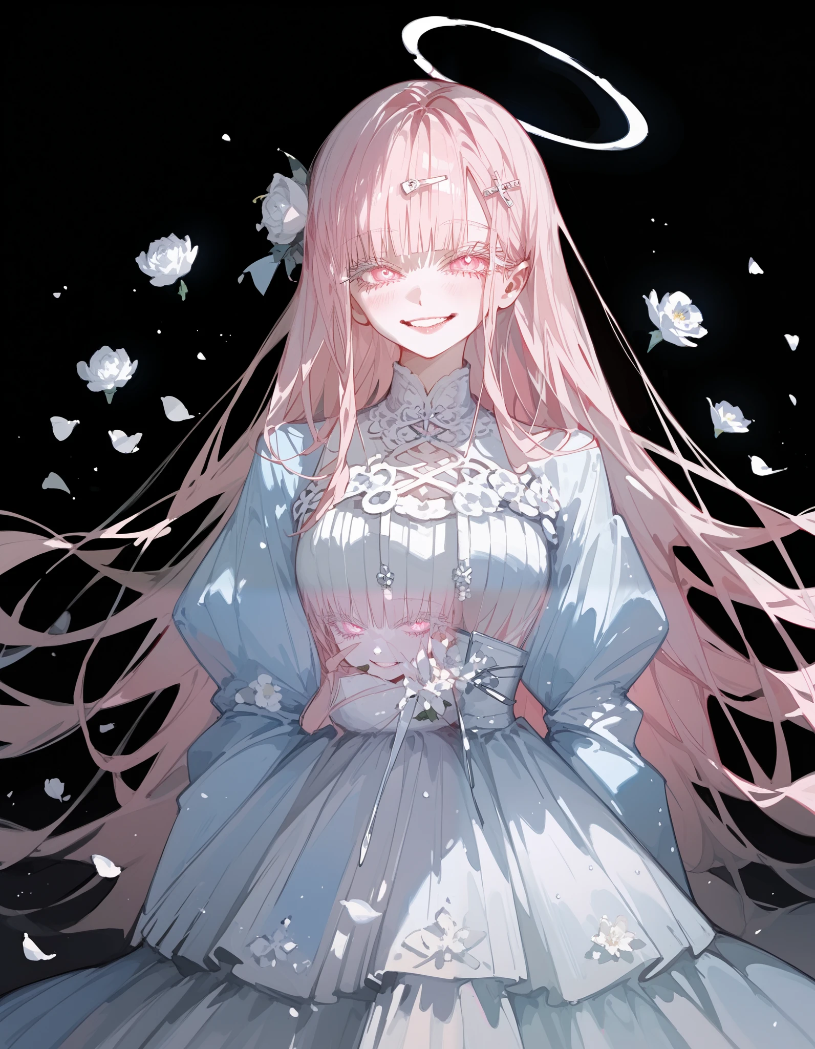 Alone ,Lady ,White eyelashes, In Light Pink Eyes ,Long hair, Smiling Smile ,Bangs,Thin white dress,White hairpins, Light Blue Kimono, black background , soft light , natural light ,scary, villains,Villains, Strongface ,Tall, natural light ,Sharp eyes ,snow,เจ้าหญิงsnow, emblem triangle back,big black halo ,Triangularism, White Flower Field, very light hair,