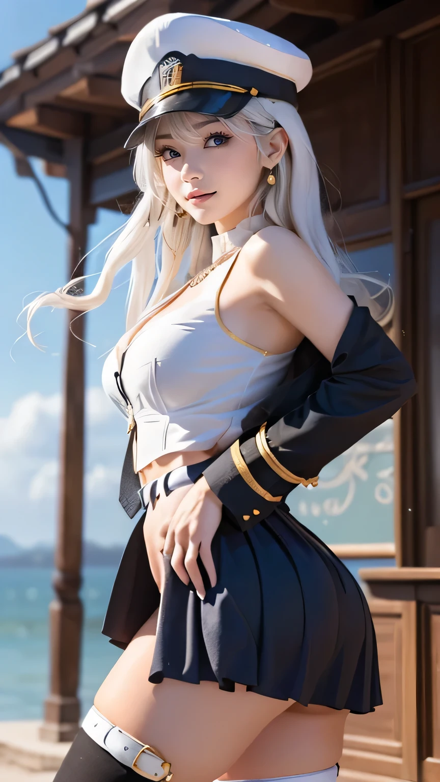 (((   top quality))), (( Masterpiece  )), (   Details),(((( Seaside Background )))), ((((((  aaaenter, long hair, white hair:1.8, hat, white headwear, large breasts, black necktie, sleeveless shirt, white shirt, off shoulder, black coat, open coat, belt, pleated skirt, black skirt, black thighhighs)))))),((( slender body :1.4, big breasts, cleavage,Wide ass,Slim waist, thick thighs,  cameltoe , camel toes ,cameltoe view, cameltoe,from below, low angle shot))), ((  growing skin,   white skin)), Mysterious Light, ((((   angle that captures face and full body  )))), (((   well-prepared face  , ecstatic expression))), ((  big eyes)), (((((( droopy eyes )))))), ((   random angle   )), ((((  Accurate Anatomy)))),    Completely-valid,   pink blush, eyeshadow ,   earrings, necklace ,((((eropose)))),