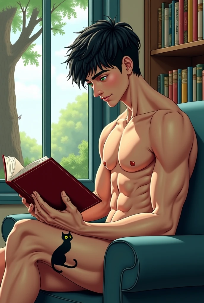 HD quality, high definition, male 18 years old handsome, muscular and slim, red lips, leaning against the wall, naked with exposed penis crotch, side view, model with tribal bracelets, earrings and black choker Necklace, he wears open cardigan, with reading glasses, fully nude and naked body, eyebrowse angry, wearing shoes, sexy and seductive, pleasure sex, sex addict, fully nude penis