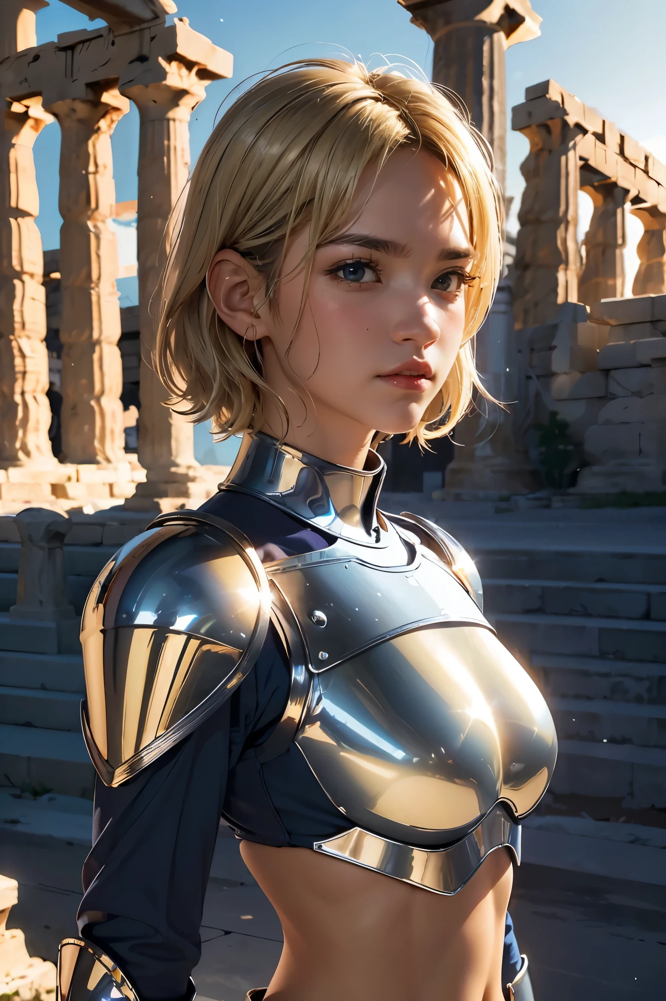masterpiece, best quality, ultra high res, realistic skin texture, armature, (photorealistic:1.4), high resolution, raw photo, shiny skin, (detail skin:1.2), realistic skin texture, best lighting, (perfect breast:1.3), sparkle, dramatic lighting, dynamic pose, (greek temple background:1.3), night sky, cosmos, milky way, 1girl, (short blonde hair:1.5), cygnus_hyoga, (blue shirt:1.2), (helmet:1.2), silver plate armor, shoulder armor