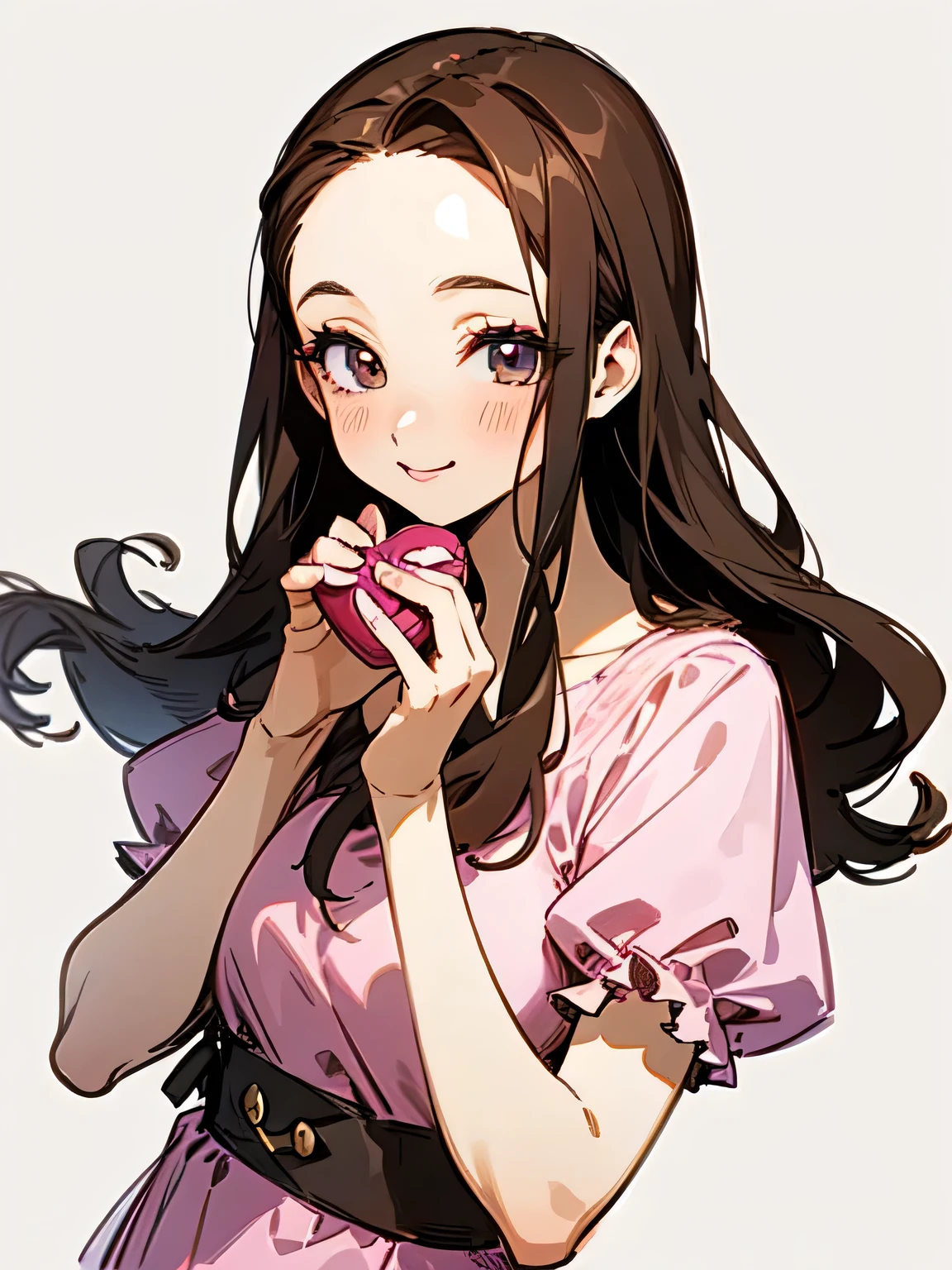 (front view),Alone,upperbody,looking at viewer, older sister's facial appearance ,makeup,brown thin long hair,big forehead,(Forward hands with Valentine's Day chocolate present):1.2,check pattern pink dress, white background ,smile,no text,( manga style),(sketch),(illustration), (Masterpiece), (best quality),