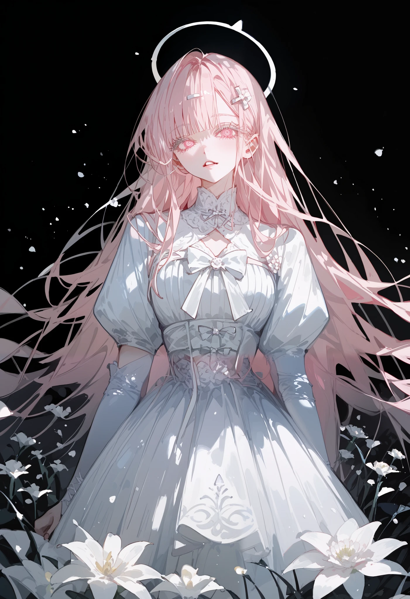 alone,Lady ,White eyelashes, In Light Pink Eyes ,Long hair,Bangs,Thin white dress,White hairpins, Light Blue Kimono, black background , soft light , natural light ,scary, villains,Villains, Strongface ,Tall, natural light ,Sharp eyes ,snow,เจ้าหญิงsnow, emblem triangle back,big black halo ,Triangularism, White Flower Field, very light hair,