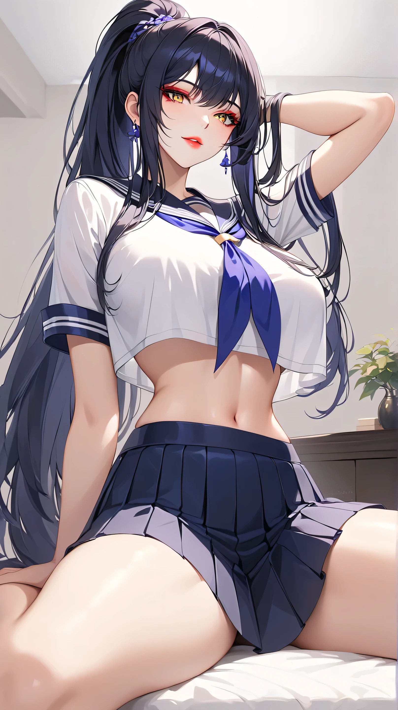 Highest quality masterpiece High resolution masterpiece, black long hair, thick and beautiful hair, middle parted hair gold Eyes, seductive lips, teasing evil smile, dong hua make up, make up, very beautiful ,enhanced lips, enhanced eyes, enhanced face, shiny lips, oversized breast, perfect face, perfect body, slim stomach, slim waist, wearing sailor uniform, skirt, crop top overhang , look from below, sit, hand behind the head, high pony tail, bedroom