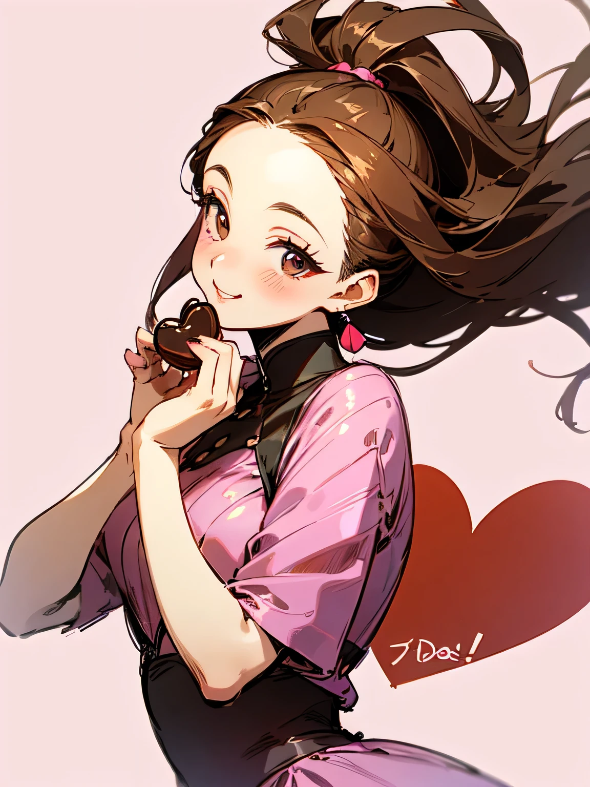 (front view),Alone,upperbody,looking at viewer, older sister's facial appearance ,makeup,brown thin long hair,big forehead,(Forward hands with Valentine's Day chocolate present):1.2,check pattern pink dress, white background ,smile,no text,( manga style),(sketch),(illustration), (Masterpiece), (best quality),