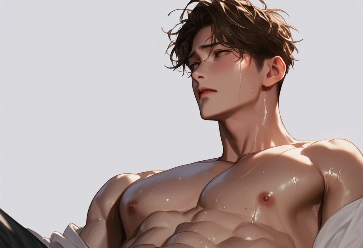 full length, 1 college student, perfect body,male body,strong muscles,Abdomen muscles are wavy..,abdomen, naked, nude, strong legs,spread your arms, looking at camera, anime style, Keep a flat head, brown hair, stand, Very detailed, 2d illustration, Done in Photoshop, bright colors, Composite lighting, beautiful and perfect face, stubble, Handsome, (White background:1.5), (blank background:1.5), Masculine shape, Manliness, dynamic poses, Dynamic angle, The image is clear and sharp, sexy male underwear,strong legs,spread your legs, Lie down, underwear,Bend your chest..,wet body, Show off your arm muscles.,top view,