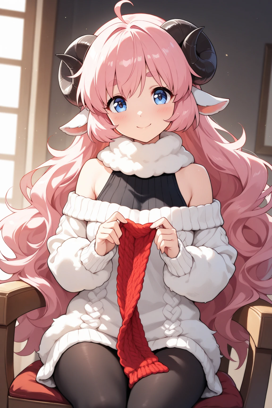 (masterpiece, best quality, extremely detailed, absurdres, very aesthetic), dutch angle, cowboy shot, (highly detailed background, lighting), (sheep girl\super detailed skin, detailed beautiful face and eyes, Big and soft anime eyes, Thick eyebrows:1.1,Fluffy long hair like a sheep's wool, pink hair, Each and every strand of hair is depicted in detail, Sheep's round horns, is sitting on a chair and knitting a scarf, smile), (Knee-length one-piece sweater, Shoulders are exposed, Black tights) BREAK Natural elements, fantastical features, light and shadow effects, color and atmosphere