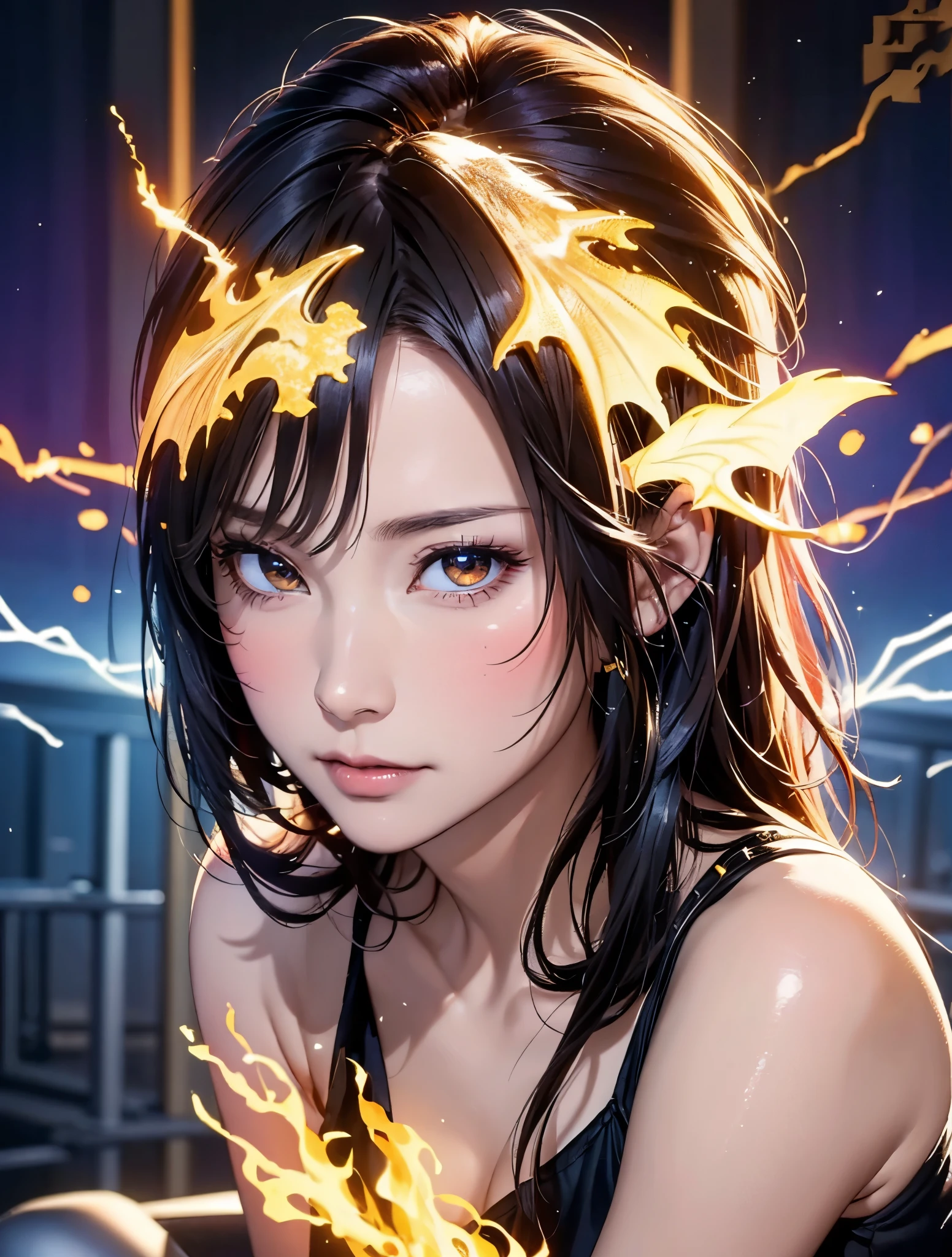 (Draw more beautifully:1.5)、(Draw more cute:1.5)、(Draw more cute)、1girl in、top-quality、masterpiece、超A high resolution、Lightning、A lot of lightning、Lightning's elemental energy to oneself、liquids、beautiful Girl、(The body is enveloped in lightning:1.8)、Fluorescent color、Grains of light、