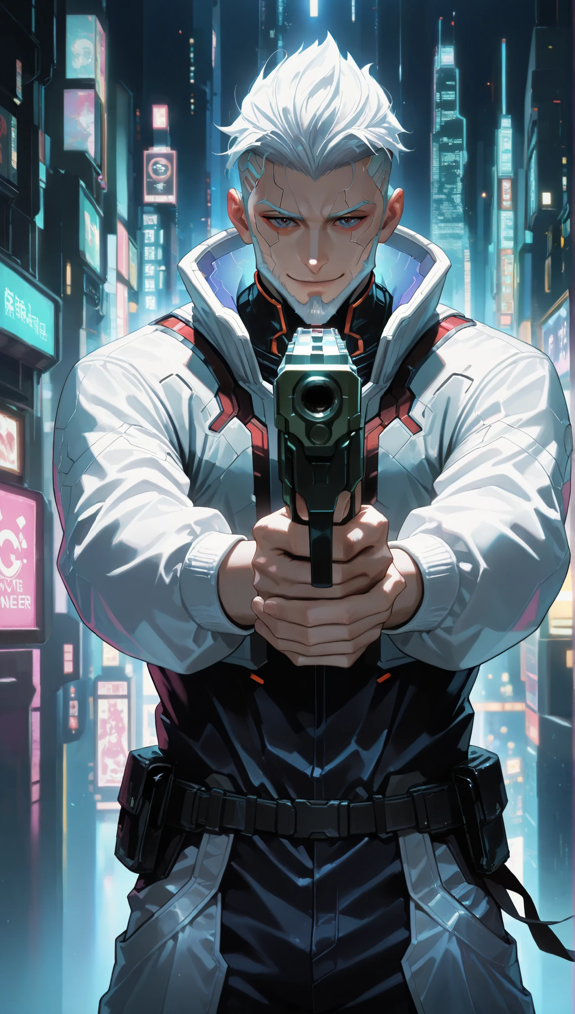 very aesthetic, 걸작, 고해상도, 8k 해상도, 매우 상세한, best_quality, finely_detailed_eyes_and_detailed_face, 1 남성, (cyberpunk, cyberware, cybernetic lines, edgerunners), white_hair, white_beard, white_eyebrows, slicked_back, black cyberpunk outfit, long_sleeves, looking at viewer, (cyberpunk city),straight-on, front_view, cowboy_shot, cinematic_lighting, dynamic_pose, holding gun, smile, (masculine)