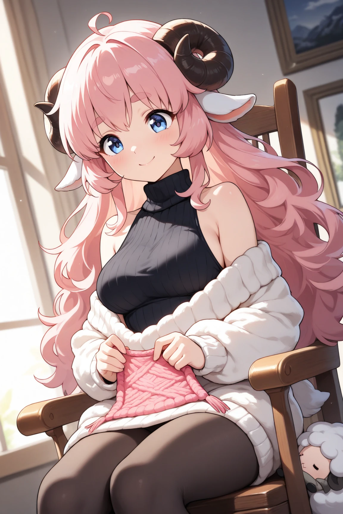 (masterpiece, best quality, extremely detailed, absurdres, very aesthetic), dutch angle, cowboy shot, (highly detailed background, lighting), (sheep girl\super detailed skin, detailed beautiful face and eyes, Big and soft anime eyes, Thick eyebrows:1.1,Fluffy long hair like a sheep's wool, pink hair, Each and every strand of hair is depicted in detail, Sheep's round horns, She is sitting on a chair and knitting a scarf using a Lillian needle., smile), (Knee-length one-piece sweater, Shoulders are exposed, Black tights) BREAK Natural elements, fantastical features, light and shadow effects, color and atmosphere